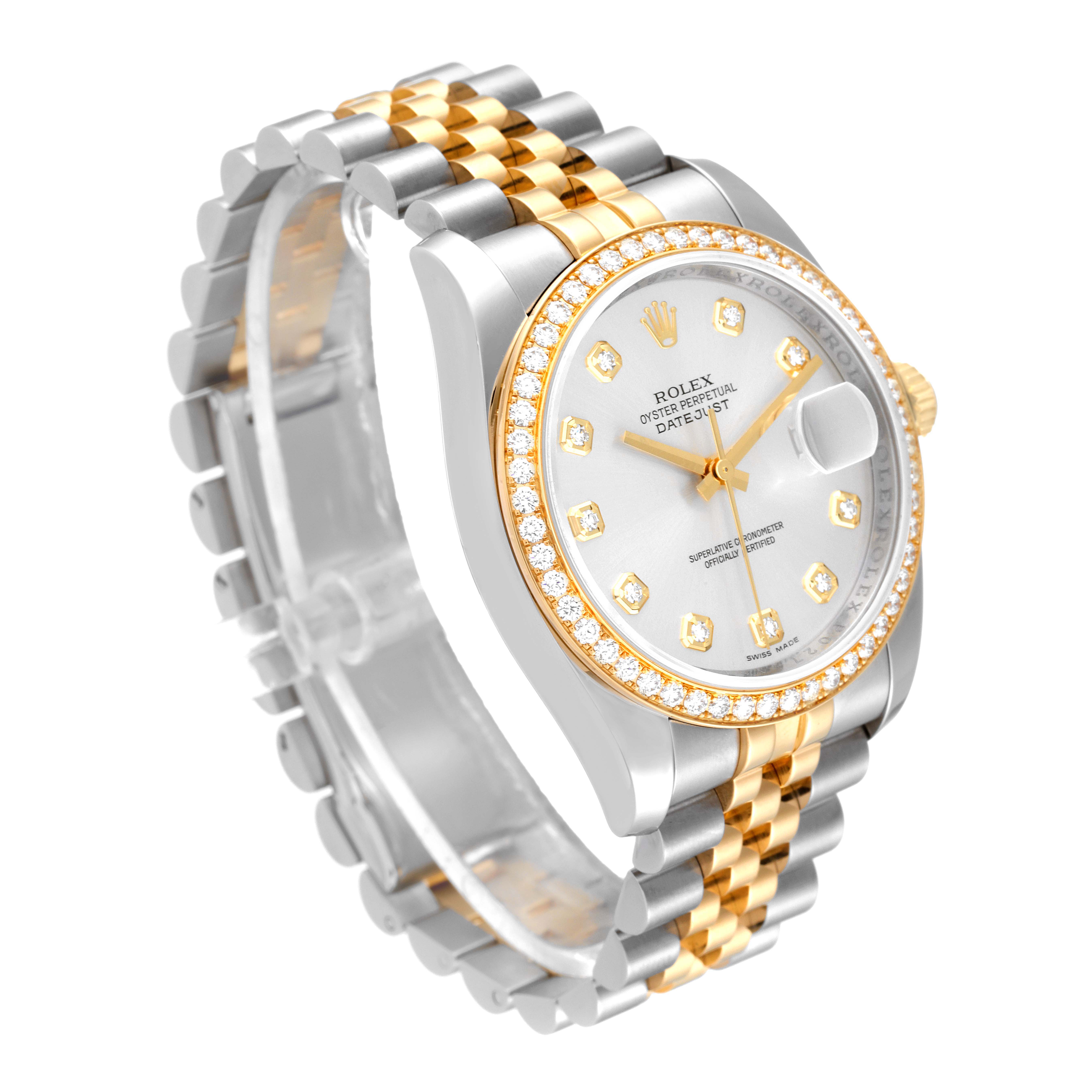 The image shows a Rolex Datejust 116243 Men's Steel and Gold (two tone) Silver Dial 116243 Men's Steel and Gold (two tone) Silver Dial watch angled slightly to the left, featuring a two-tone bracelet and a diamond-set bezel and dial.