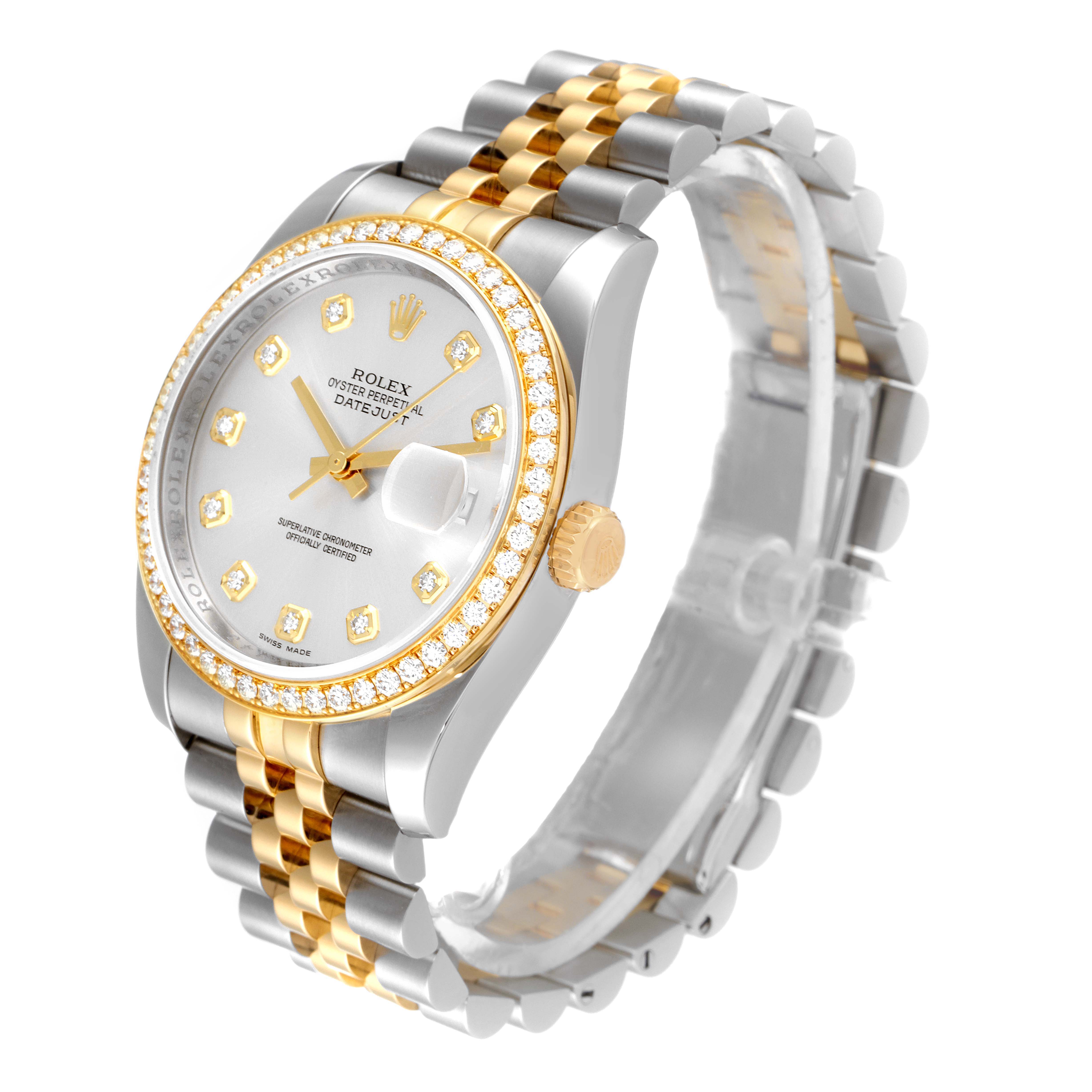 The image shows a three-quarter angled view of a Rolex Datejust 116243 Men's Steel and Gold (two tone) Silver Dial 116243 Men's Steel and Gold (two tone) Silver Dial watch, highlighting its bezel, dial, bracelet, and crown.