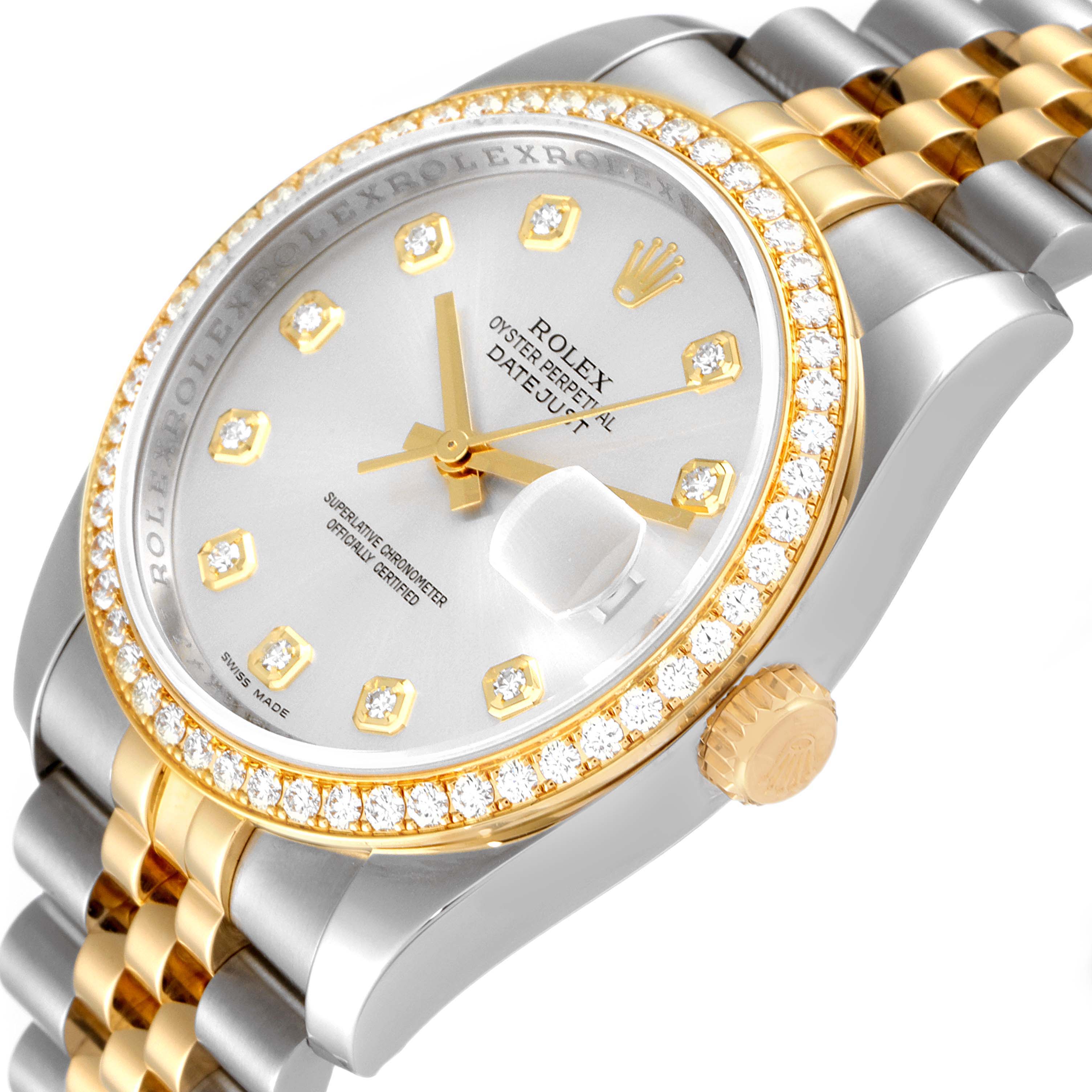 The image shows an angled view of a Rolex Datejust 116243 Men's Steel and Gold (two tone) Silver Dial 116243 Men's Steel and Gold (two tone) Silver Dial watch, highlighting its dial, bezel, crown, and part of the bracelet.