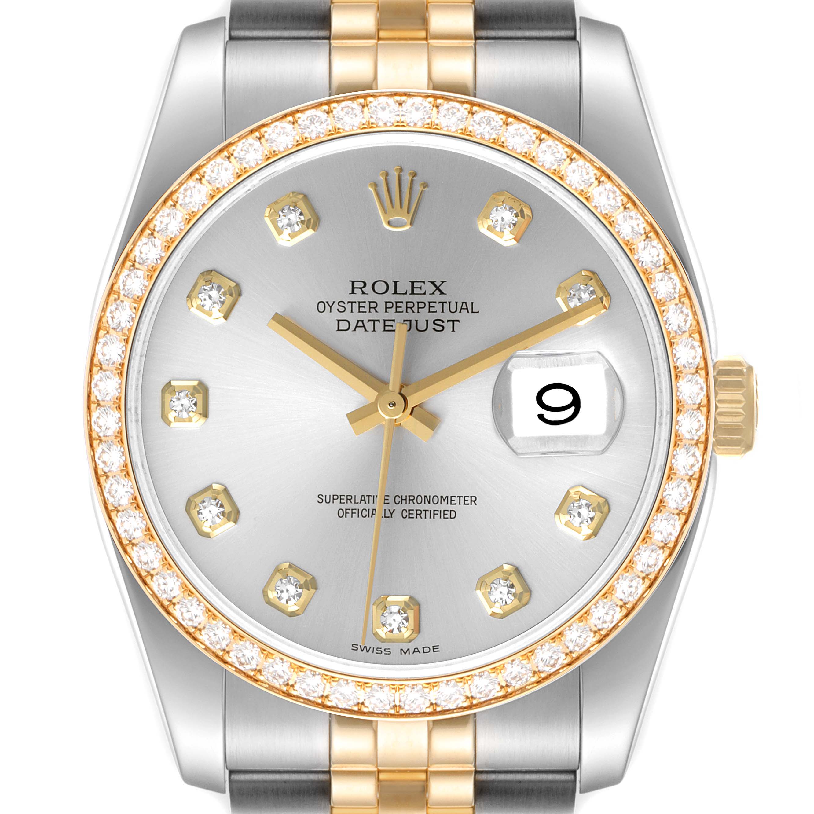 This image shows a front view of a Rolex Datejust 116243 Men's Steel and Gold (two tone) Silver Dial 116243 Men's Steel and Gold (two tone) Silver Dial watch, highlighting the dial, bezel, hands, and part of the bracelet.