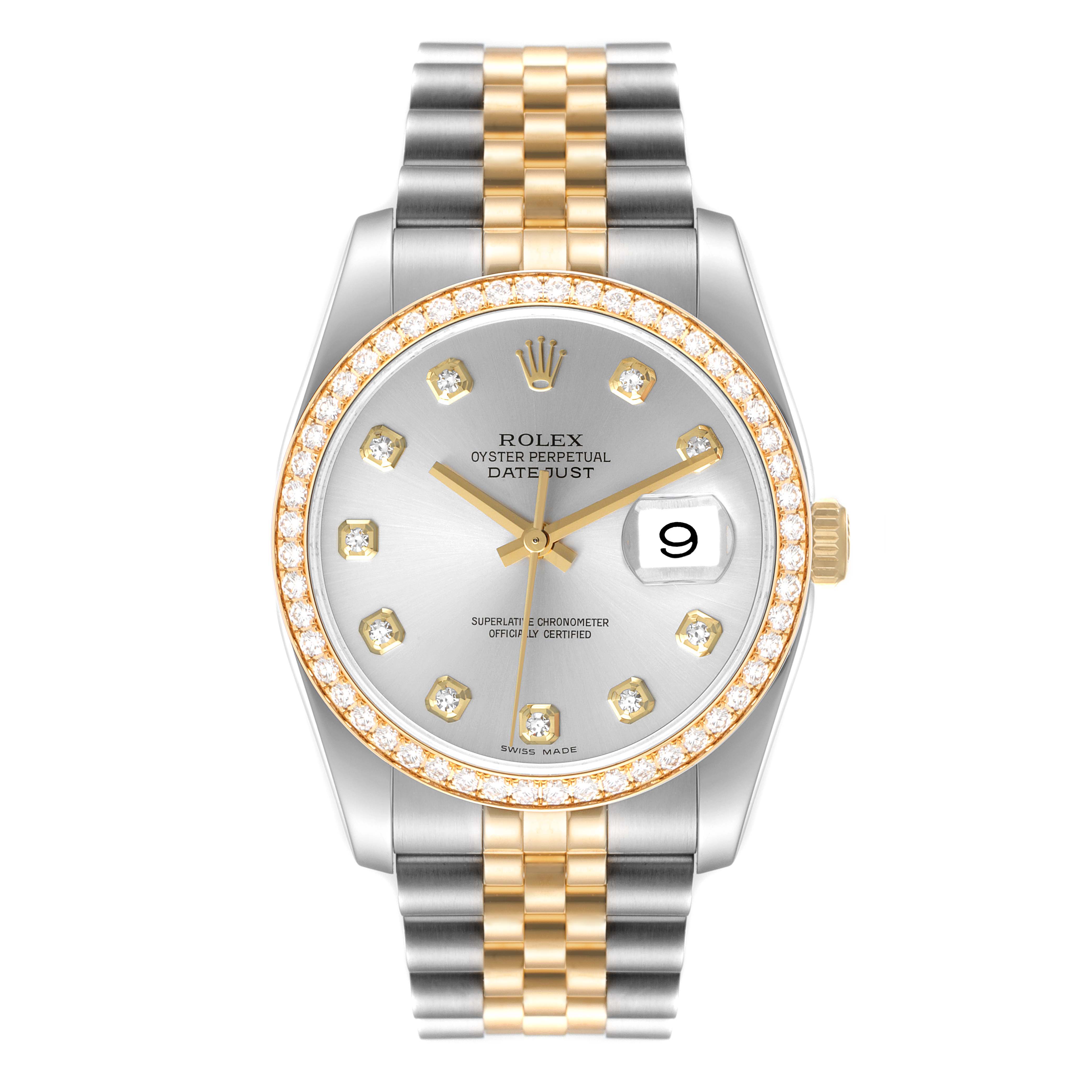 The image shows a Rolex Datejust 116243 Men's Steel and Gold (two tone) Silver Dial 116243 Men's Steel and Gold (two tone) Silver Dial watch from a front angle, highlighting the dial, bezel, bracelet, and date window.