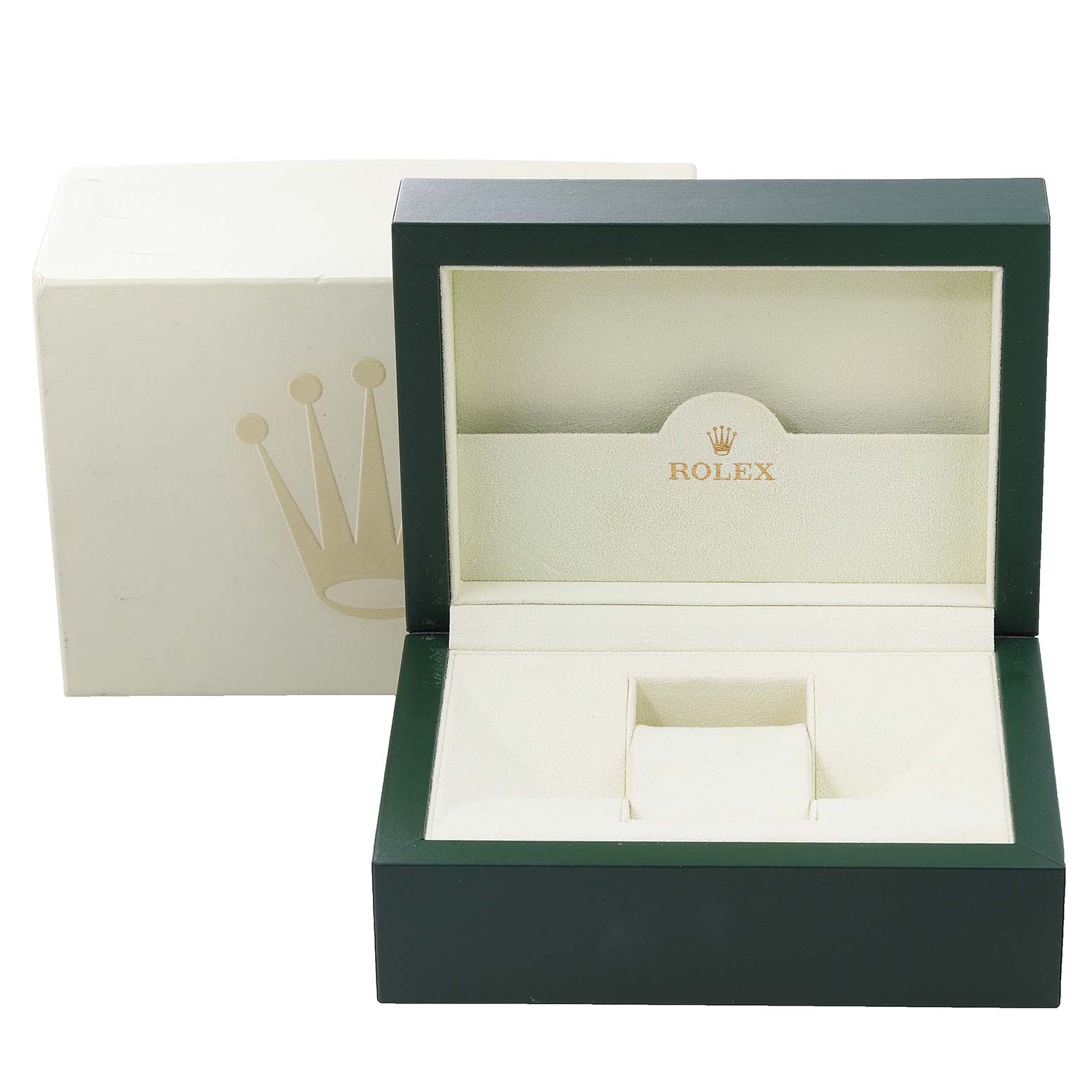 The image shows an open, empty Rolex Datejust 116243 Men's Steel and Gold (two tone) Silver Dial 116243 Men's Steel and Gold (two tone) Silver Dial watch box with its outer packaging in the background.