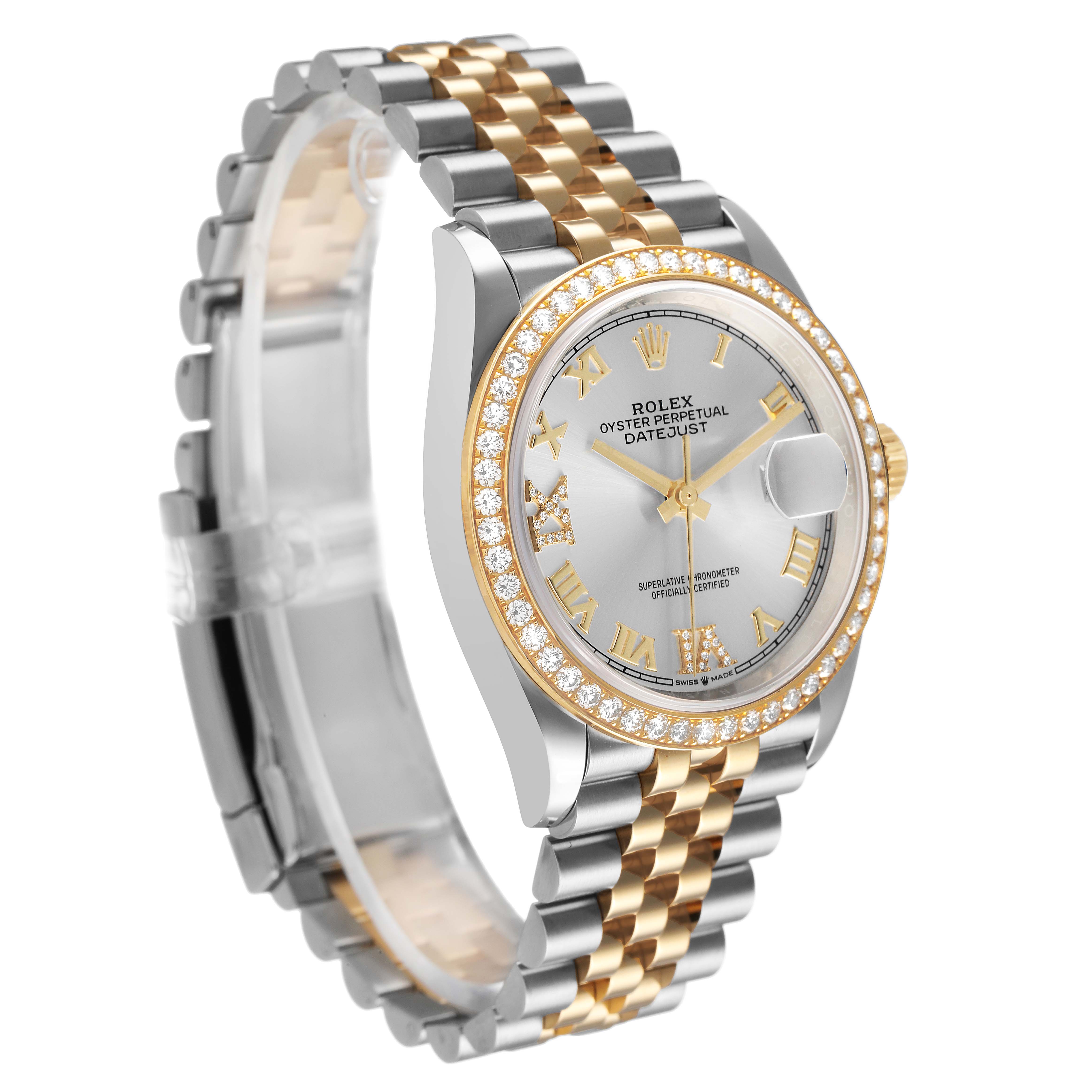 The Rolex Datejust 126283 Men's Steel and Gold (two tone) Silver Dial watch is shown at a three-quarter angle, highlighting the face, bezel, and bracelet.