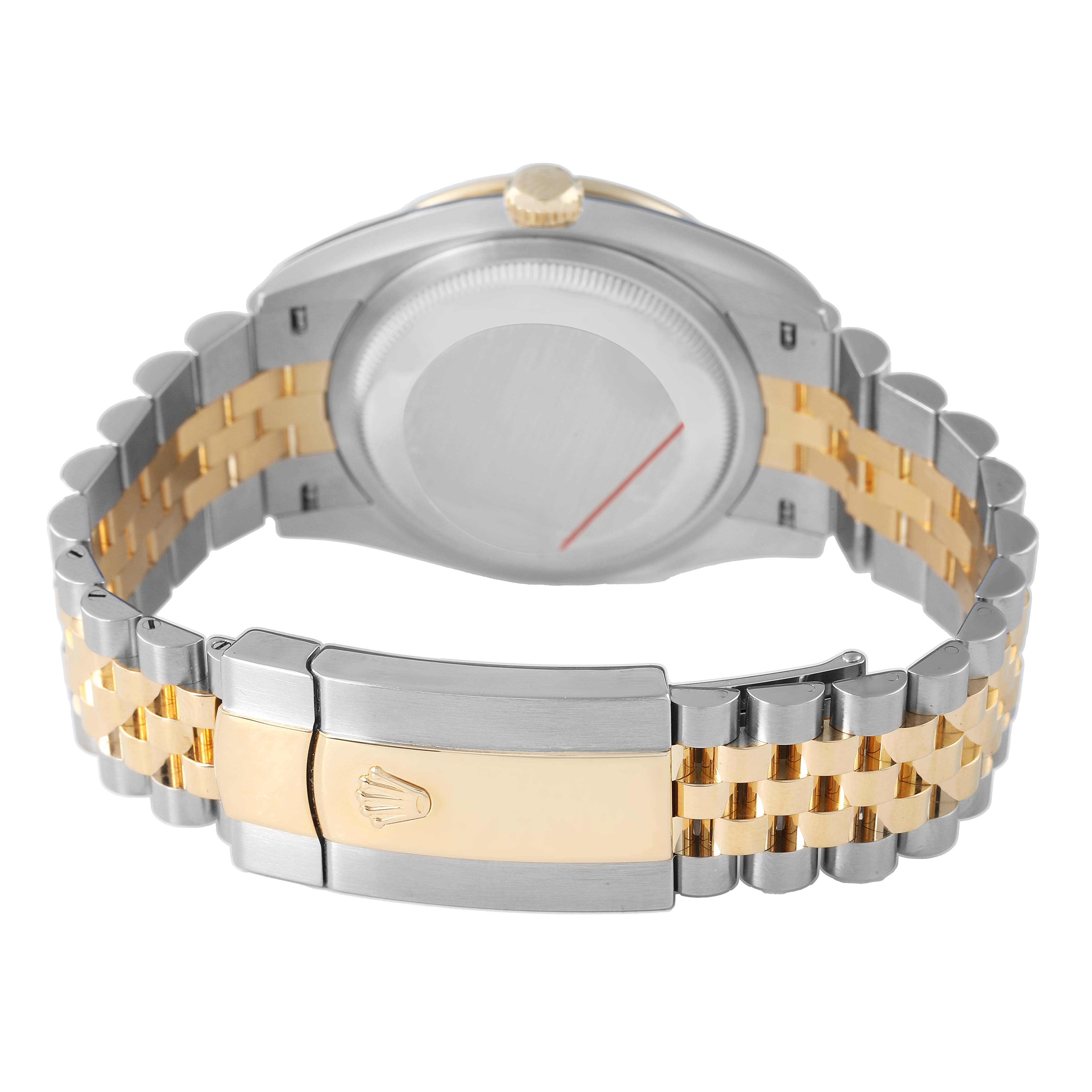 The image shows the back of a Rolex Datejust 126283 Men's Steel and Gold (two tone) Silver Dial watch, highlighting the case back, Jubilee bracelet, and clasp.