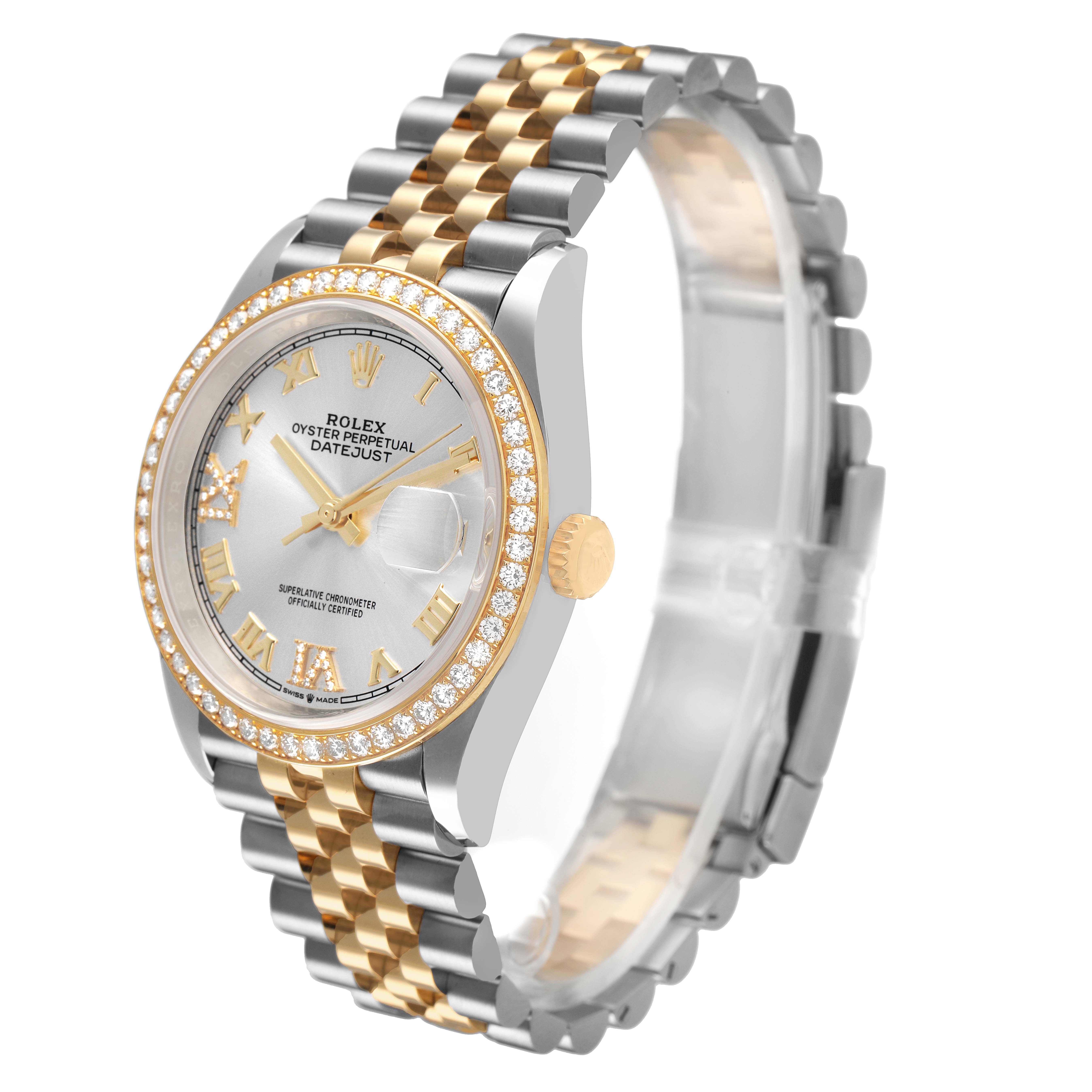 The Rolex Datejust 126283 Men's Steel and Gold (two tone) Silver Dial is shown at a three-quarter angle, highlighting the face, bezel, crown, and two-tone bracelet.