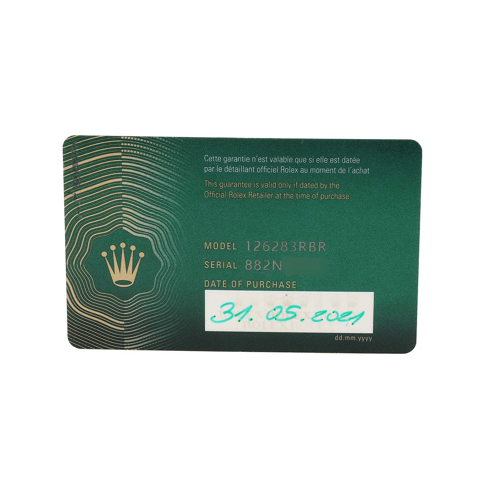 This image shows a warranty card for a Rolex Datejust 126283 Men's Steel and Gold (two tone) Silver Dial model, displaying the model number, serial number, and purchase date.