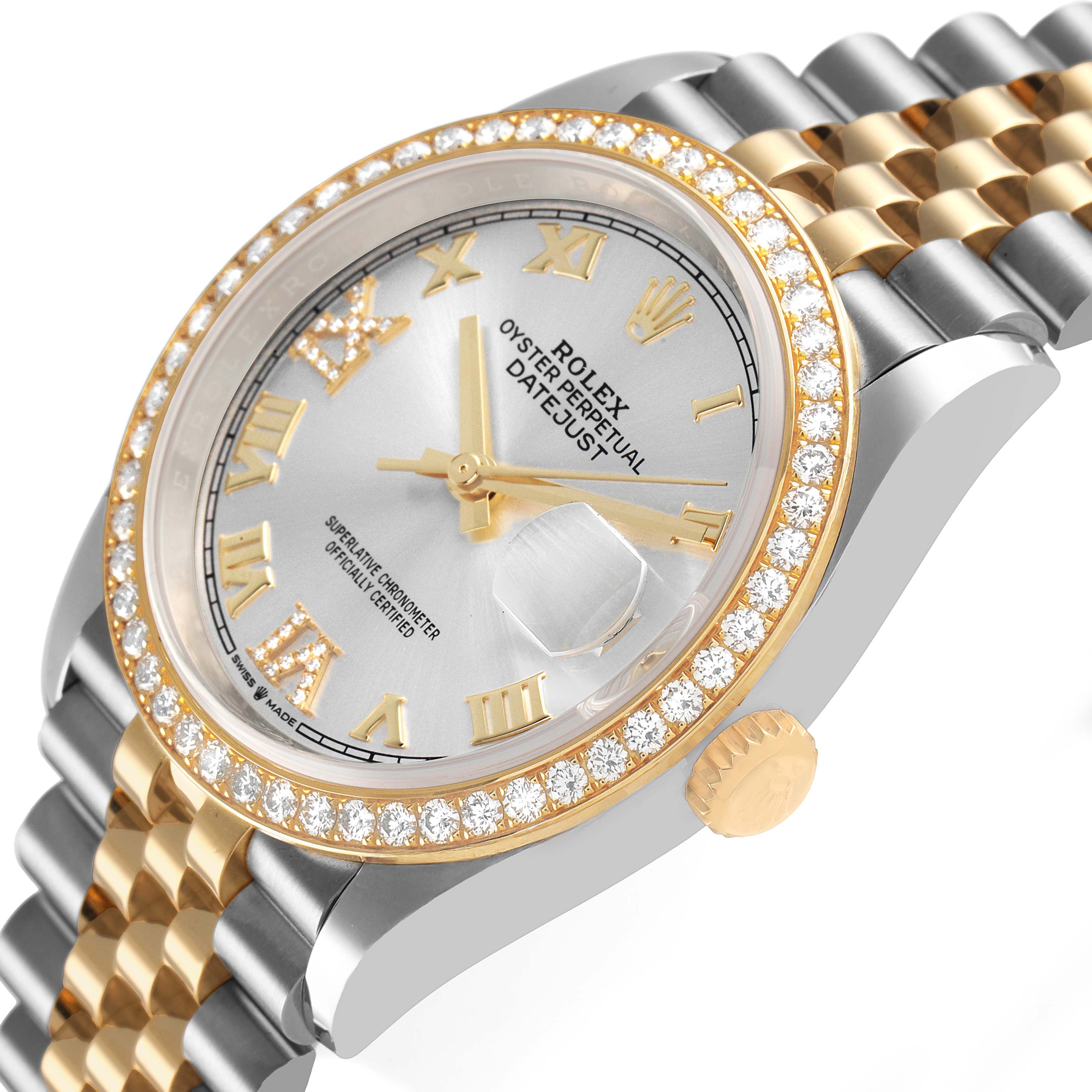 The image shows a three-quarter view of a Rolex Datejust 126283 Men's Steel and Gold (two tone) Silver Dial, highlighting the dial, diamond bezel, crown, and Jubilee bracelet.