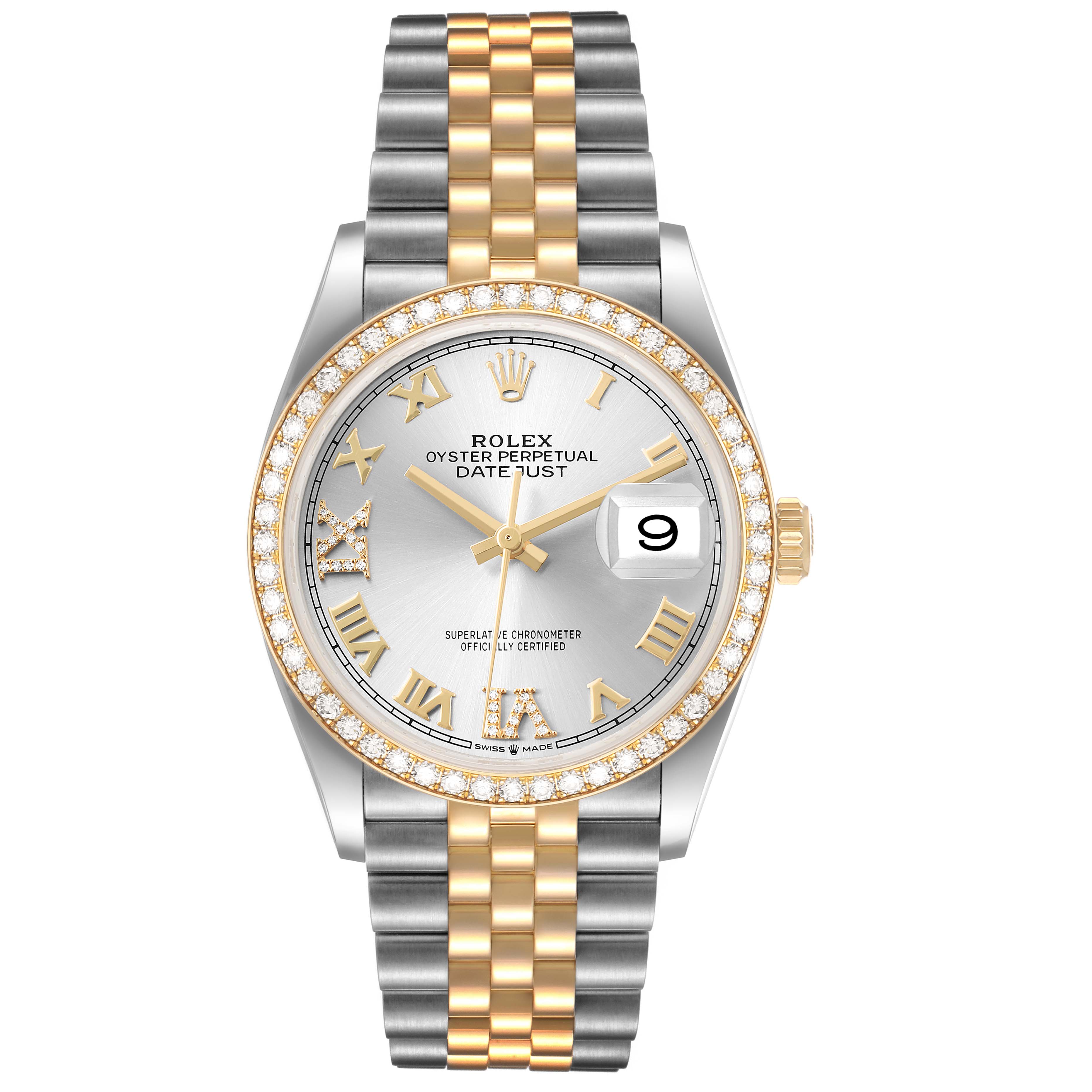 The Rolex Datejust 126283 Men's Steel and Gold (two tone) Silver Dial watch is shown from a front view, displaying its face, bezel, and bracelet.