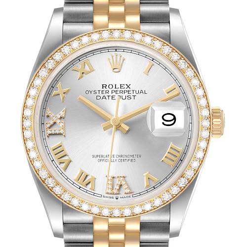 The Rolex Datejust 126283 Men's Steel and Gold (two tone) Silver Dial watch is shown from the front, highlighting its dial, gold accents, bezel, and part of the bracelet.