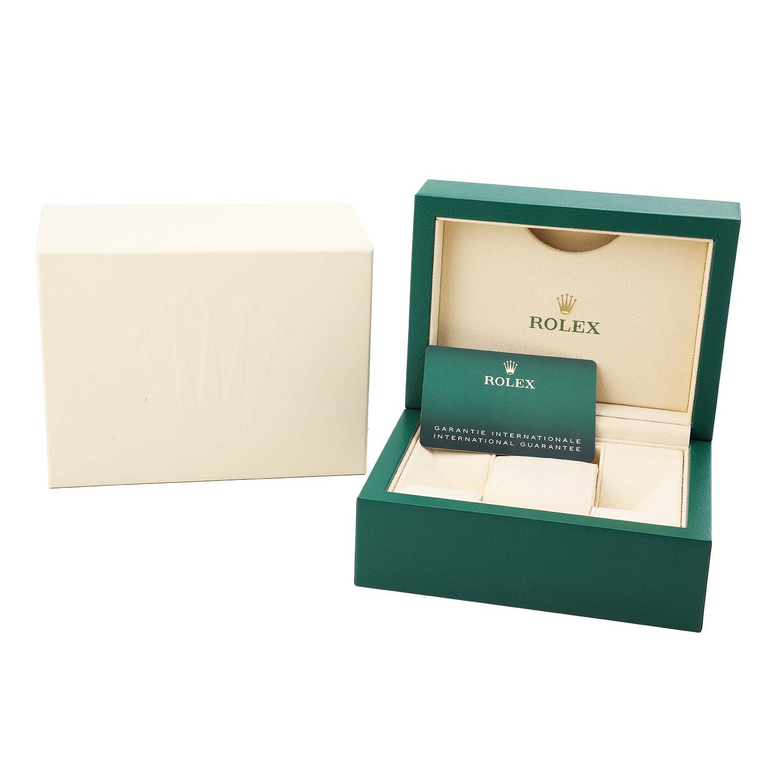 The image shows the open green box and guarantee card for a Rolex Datejust 126283 Men's Steel and Gold (two tone) Silver Dial, with an outer cream box beside it.