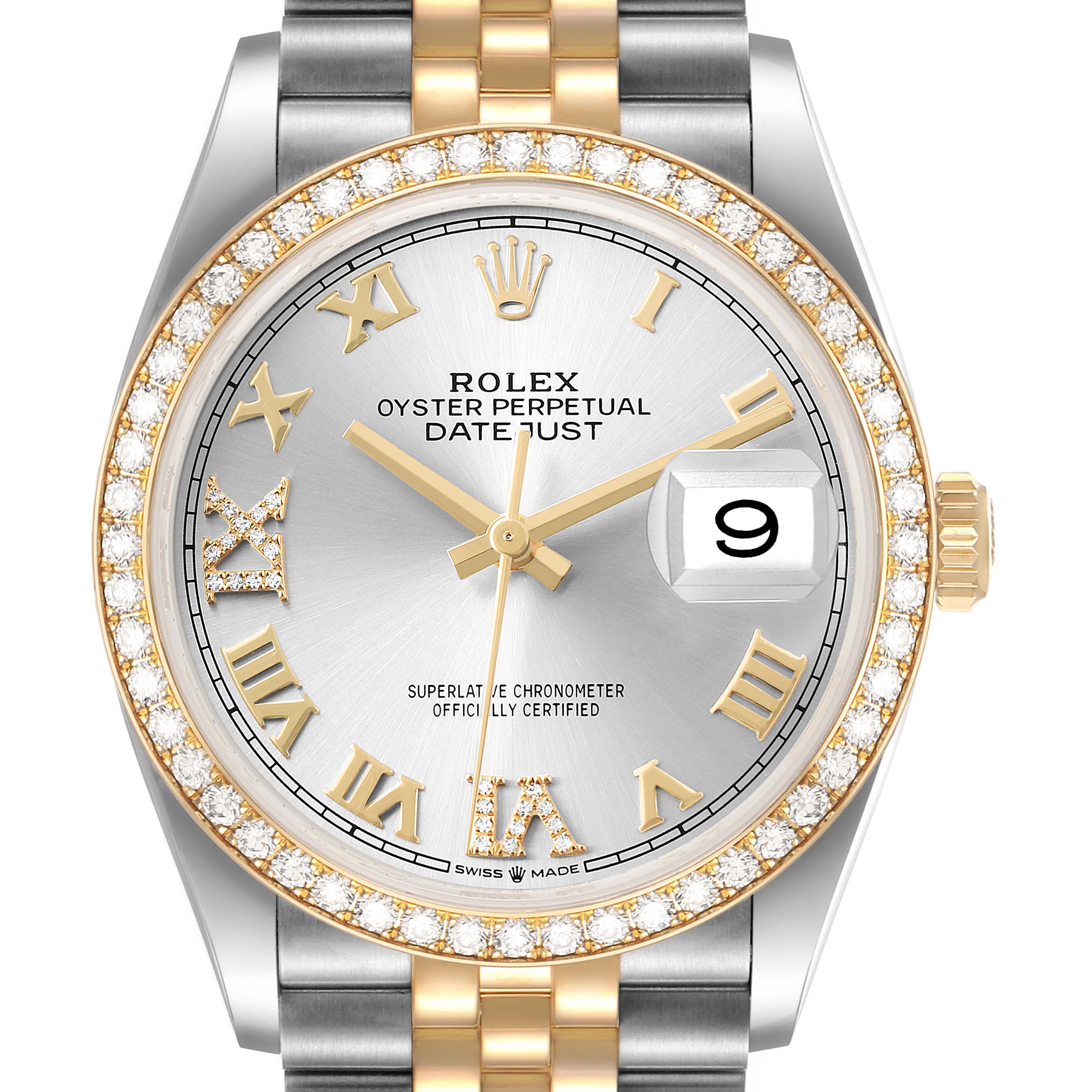 The Rolex Datejust 126283 Men's Steel and Gold (two tone) Silver Dial is shown from a front angle highlighting the dial, bezels, date window, and part of the bracelet.