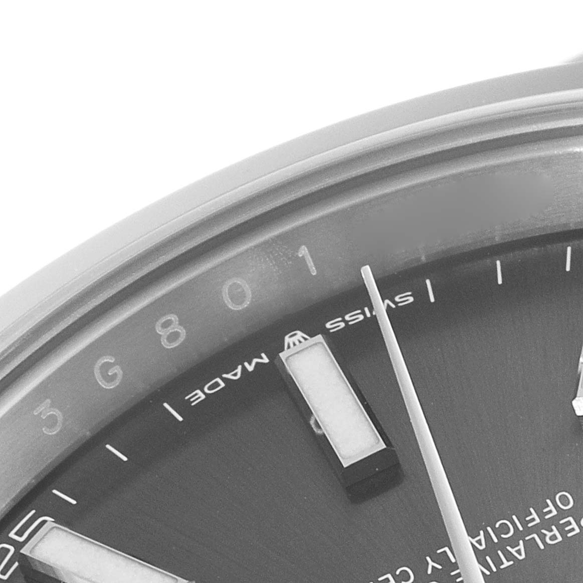 The image shows a close-up angle of the dial and hour markers of a Rolex Datejust 41 126300 Men
s Stainless Steel Grey Dial 126300 Men
s Stainless Steel Grey Dial watch.