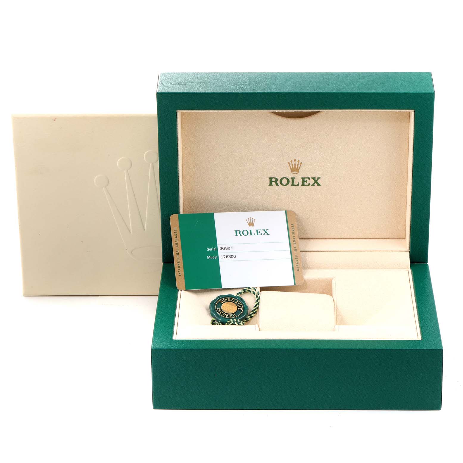 The image shows the open box of the Rolex Datejust 41 126300 Men
s Stainless Steel Grey Dial 126300 Men
s Stainless Steel Grey Dial, featuring an Best Quality
ity card and tag, with the outer box in the background.