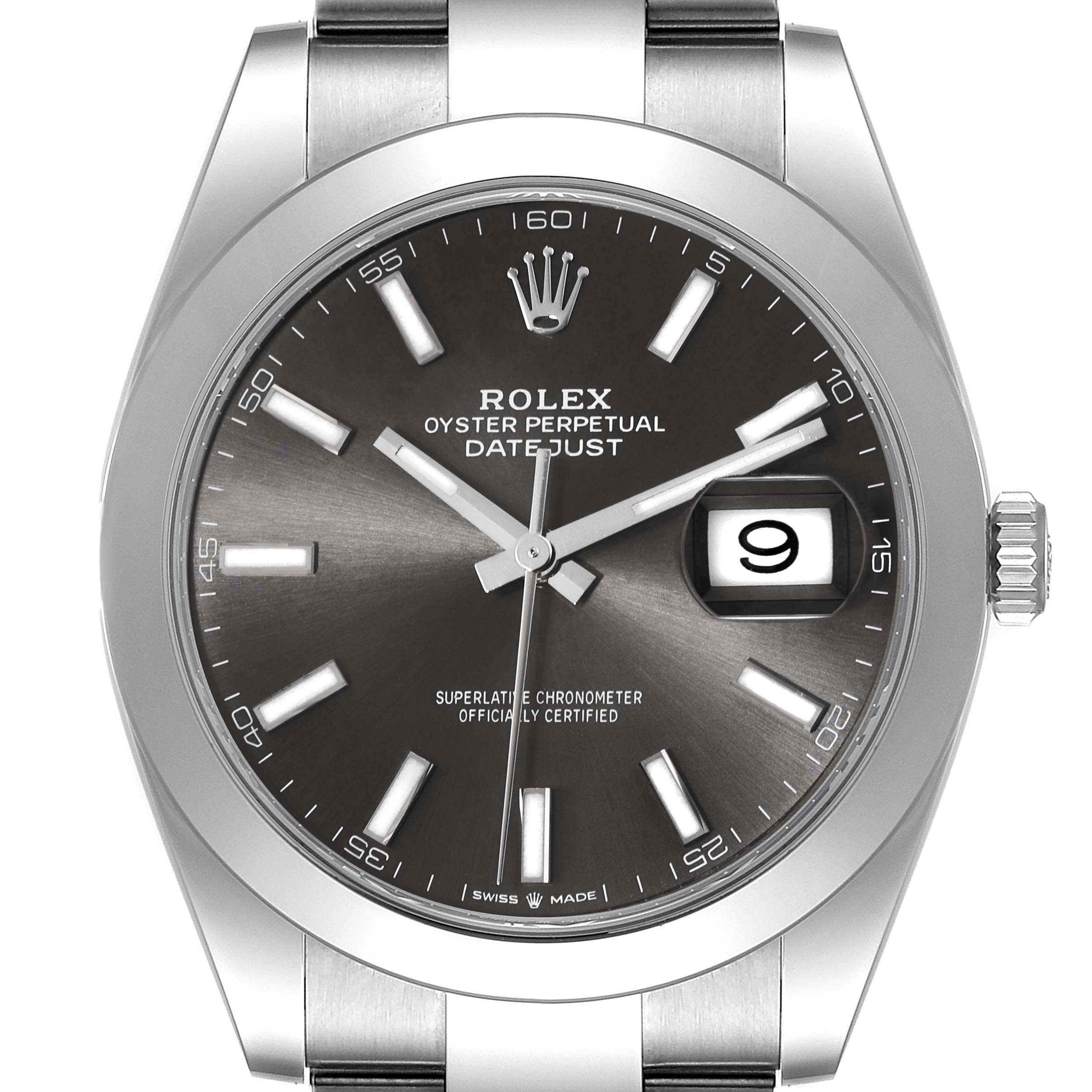 The image shows a front view of the Rolex Datejust 41 126300 Men
s Stainless Steel Grey Dial 126300 Men
s Stainless Steel Grey Dial watch, highlighting the dial, hands, crown, and bracelet.