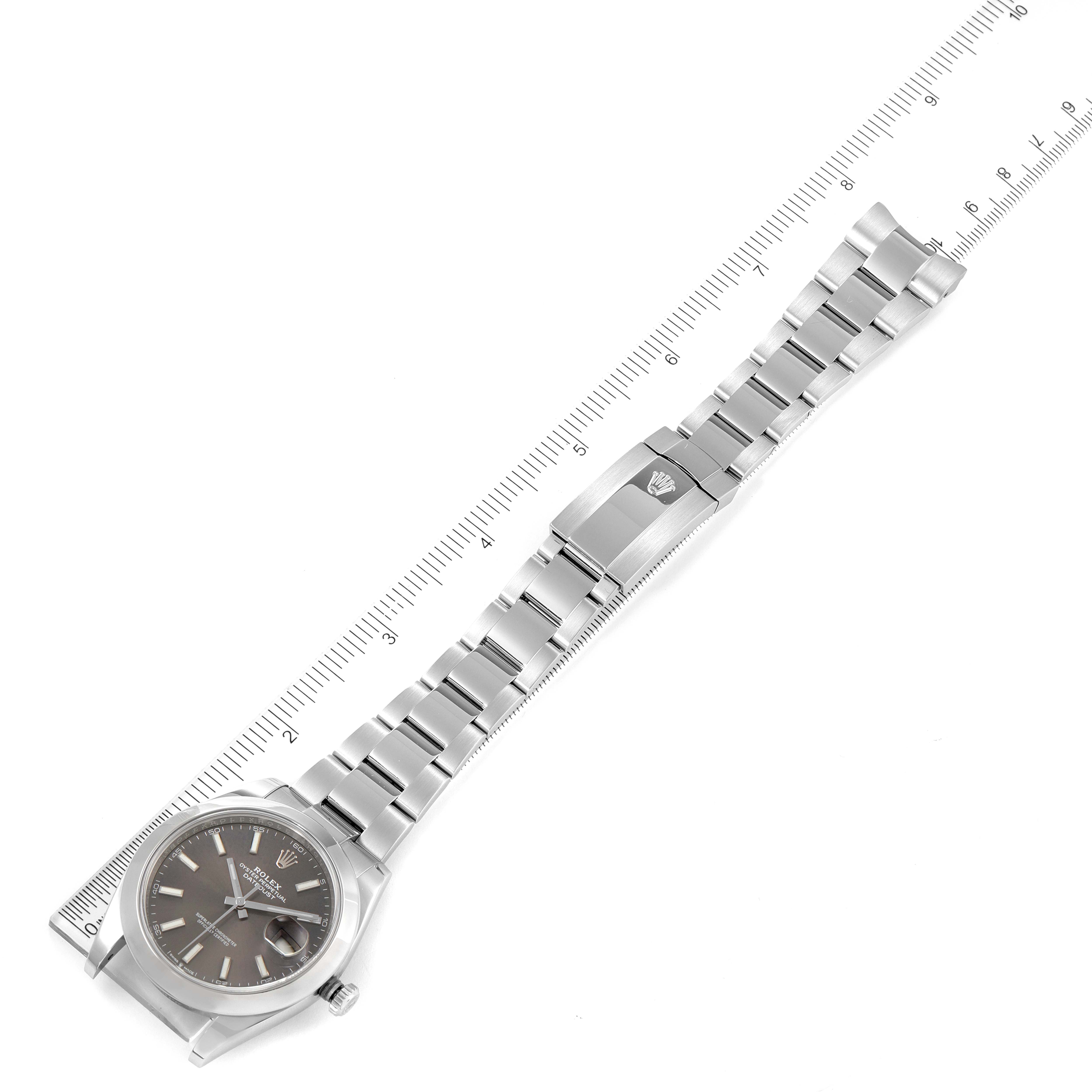 The image shows a top-down view of a Rolex Datejust 41 126300 Men
s Stainless Steel Grey Dial 126300 Men
s Stainless Steel Grey Dial watch, displaying its full bracelet and a portion of the face.