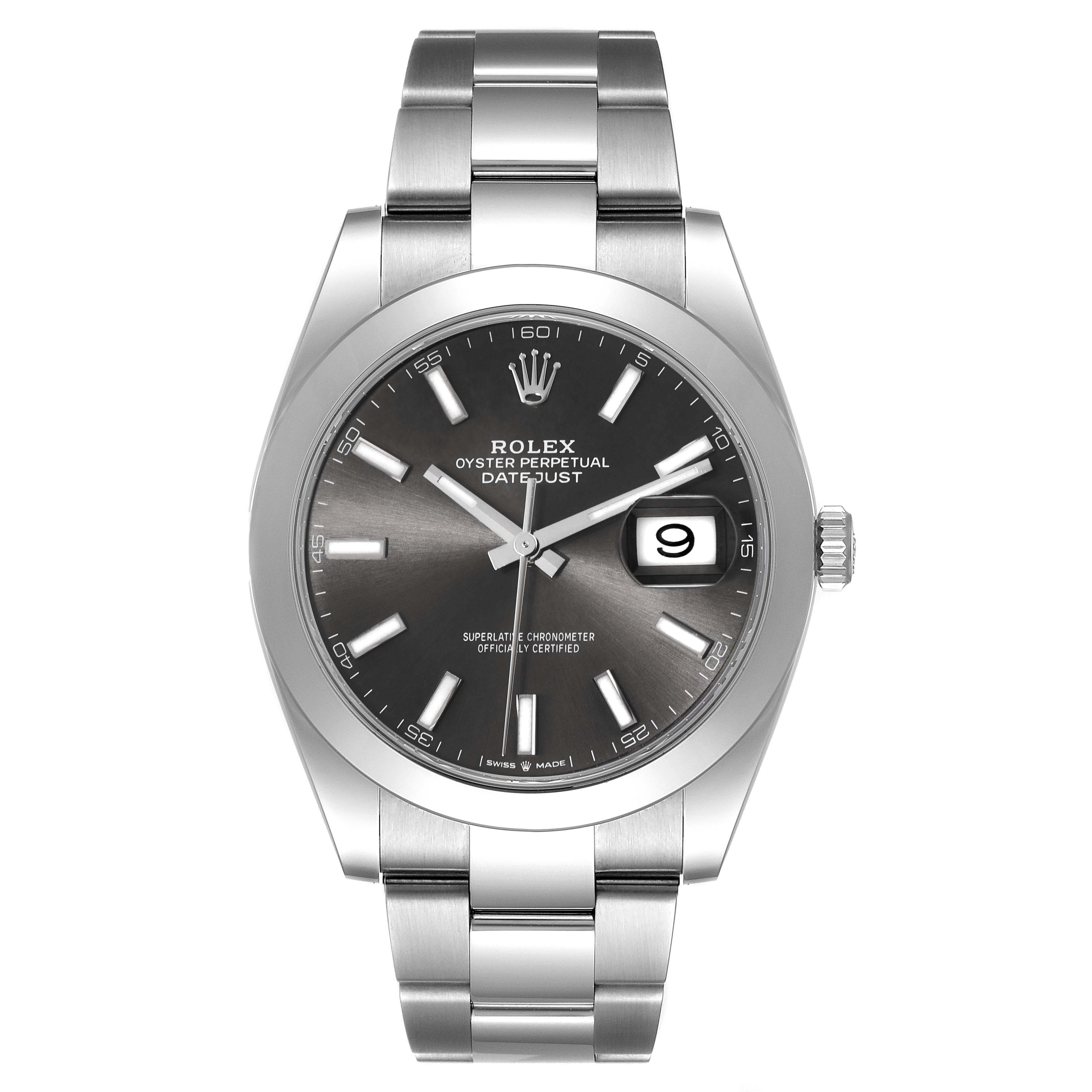 The Rolex Datejust 41 126300 Men
s Stainless Steel Grey Dial 126300 Men
s Stainless Steel Grey Dial watch is shown from the front, highlighting the face, bezel, and bracelet.