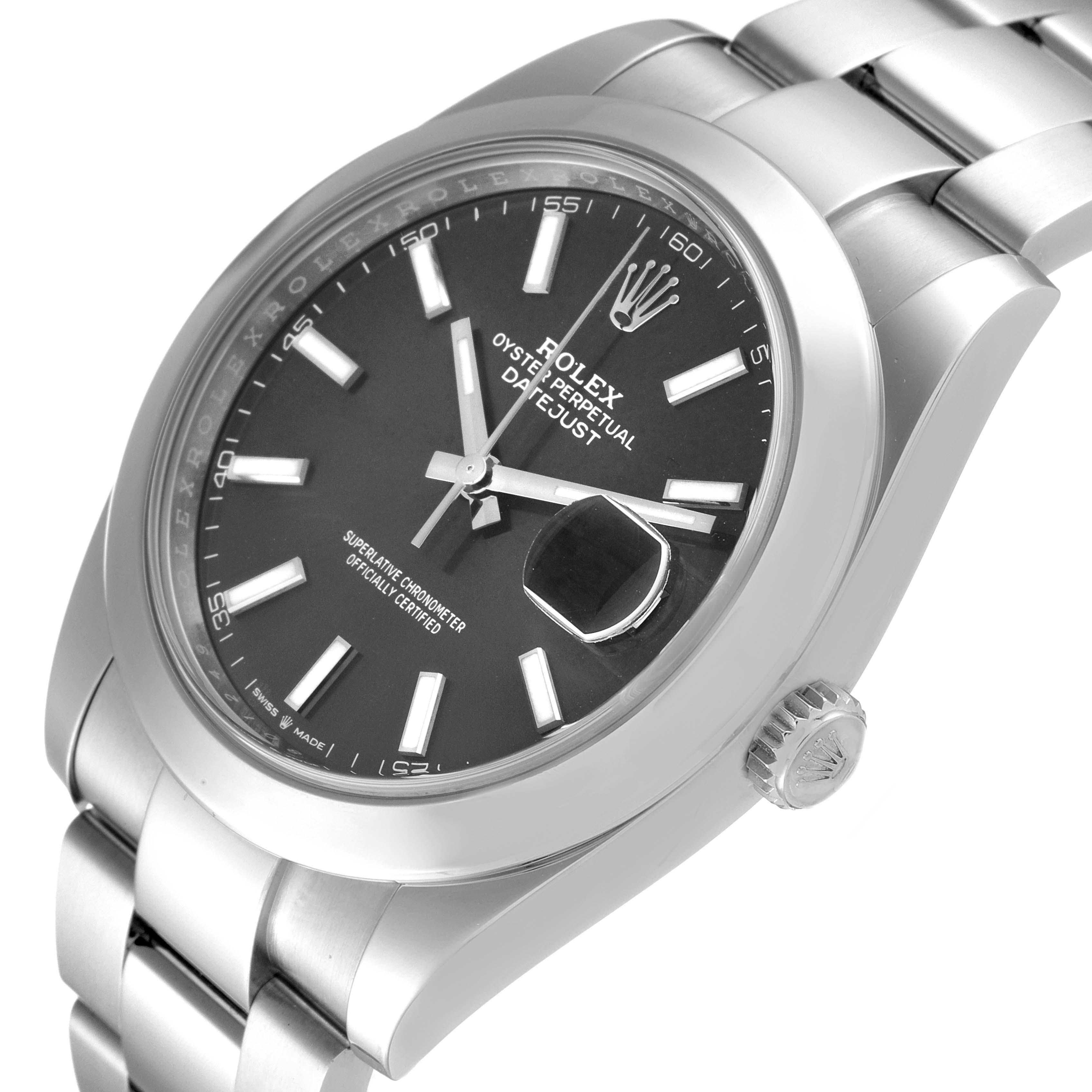 The image shows a close-up, angled view of the face and bracelet of a Rolex Datejust 41 126300 Men
s Stainless Steel Grey Dial 126300 Men
s Stainless Steel Grey Dial watch.