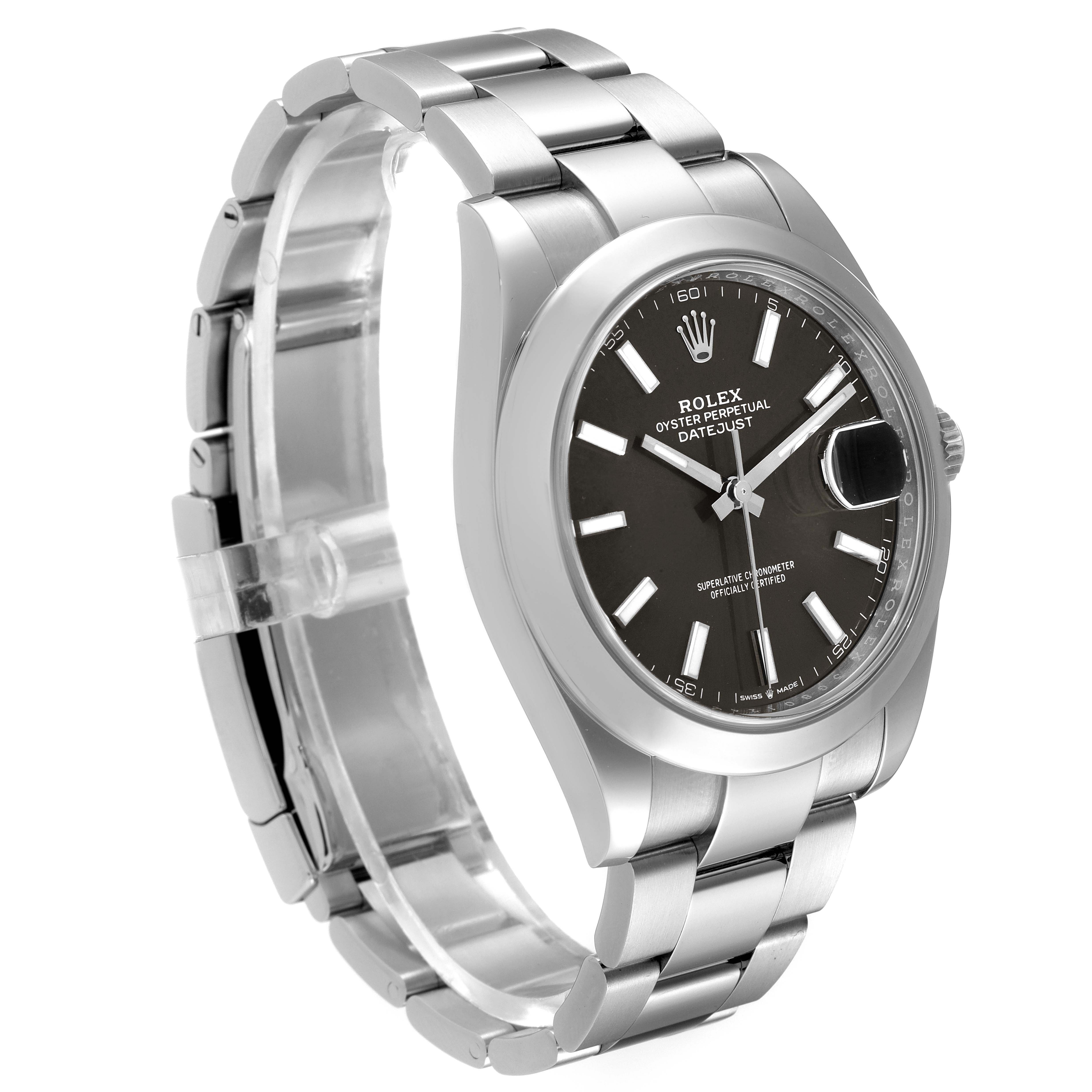 The image shows a side angle of a Rolex Datejust 41 126300 Men
s Stainless Steel Grey Dial 126300 Men
s Stainless Steel Grey Dial watch, highlighting its bracelet, case, and dial.