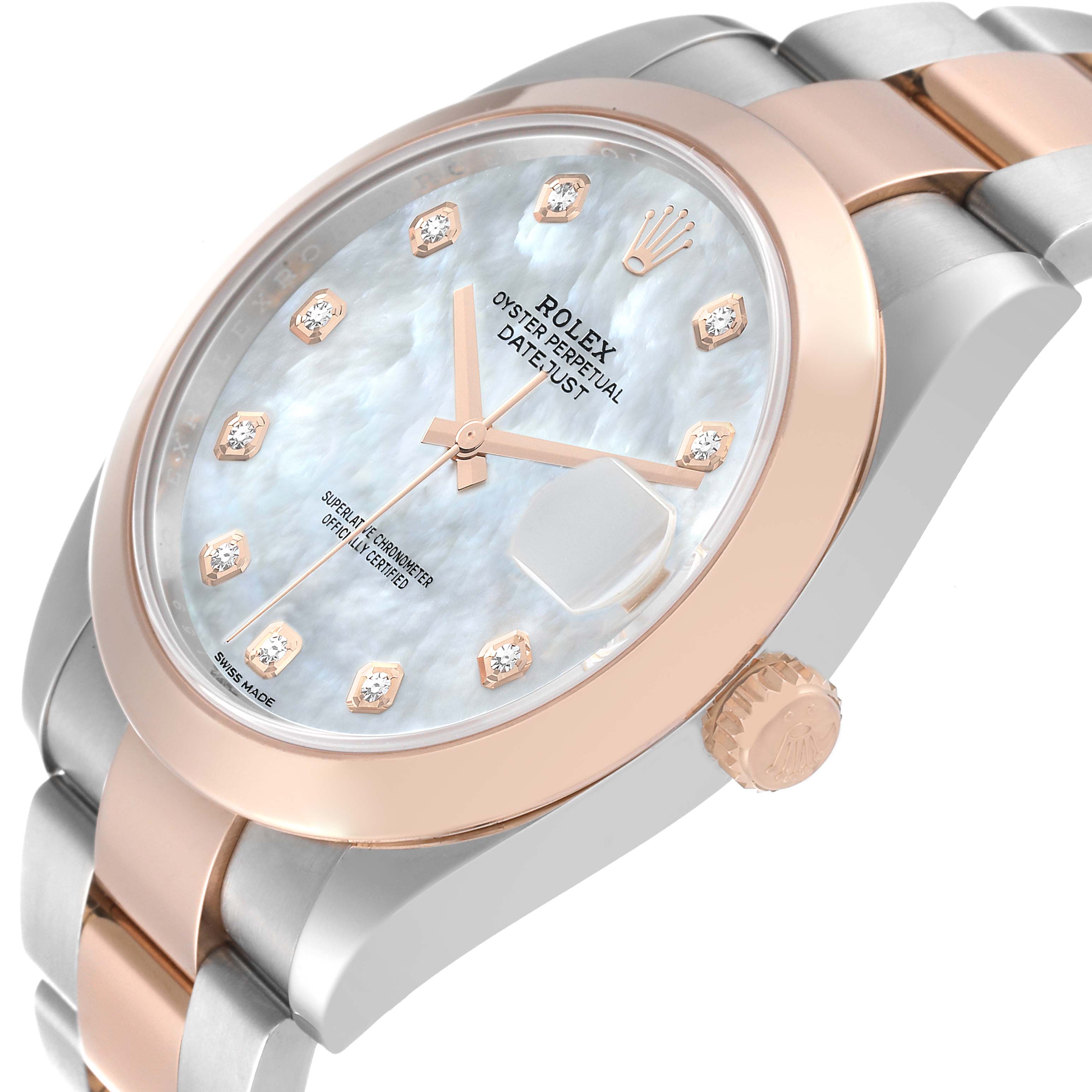 The image shows a Rolex Datejust 41 126301 Men's Steel and Gold (two tone) Mother of Pearl Dial 126301 Men's Steel and Gold (two tone) Mother of Pearl Dial watch at an oblique angle, featuring its dial, crown, and part of the bracelet.