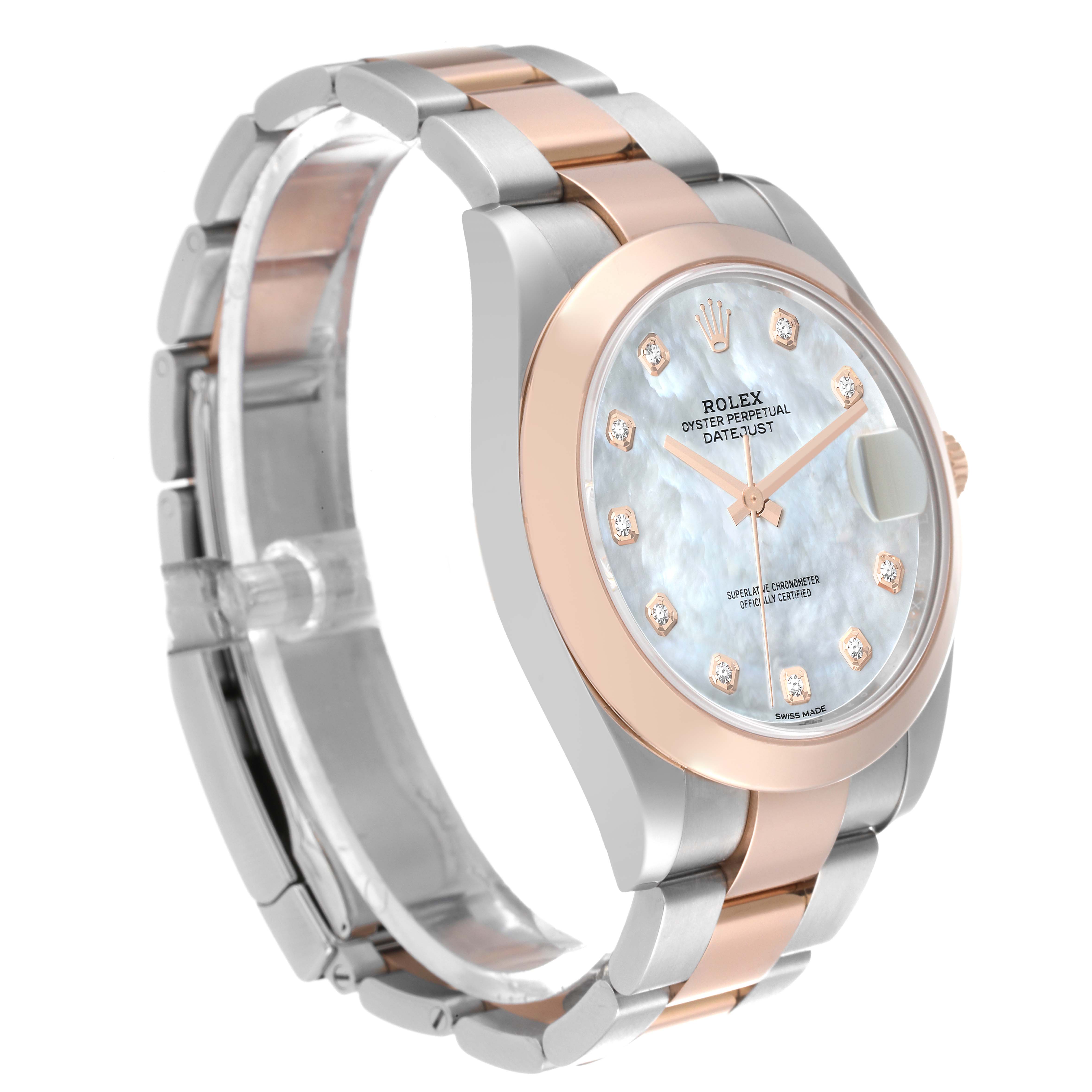 This image shows a Rolex Datejust 41 126301 Men's Steel and Gold (two tone) Mother of Pearl Dial 126301 Men's Steel and Gold (two tone) Mother of Pearl Dial watch at a three-quarter angle highlighting the band, face, and side of the case.