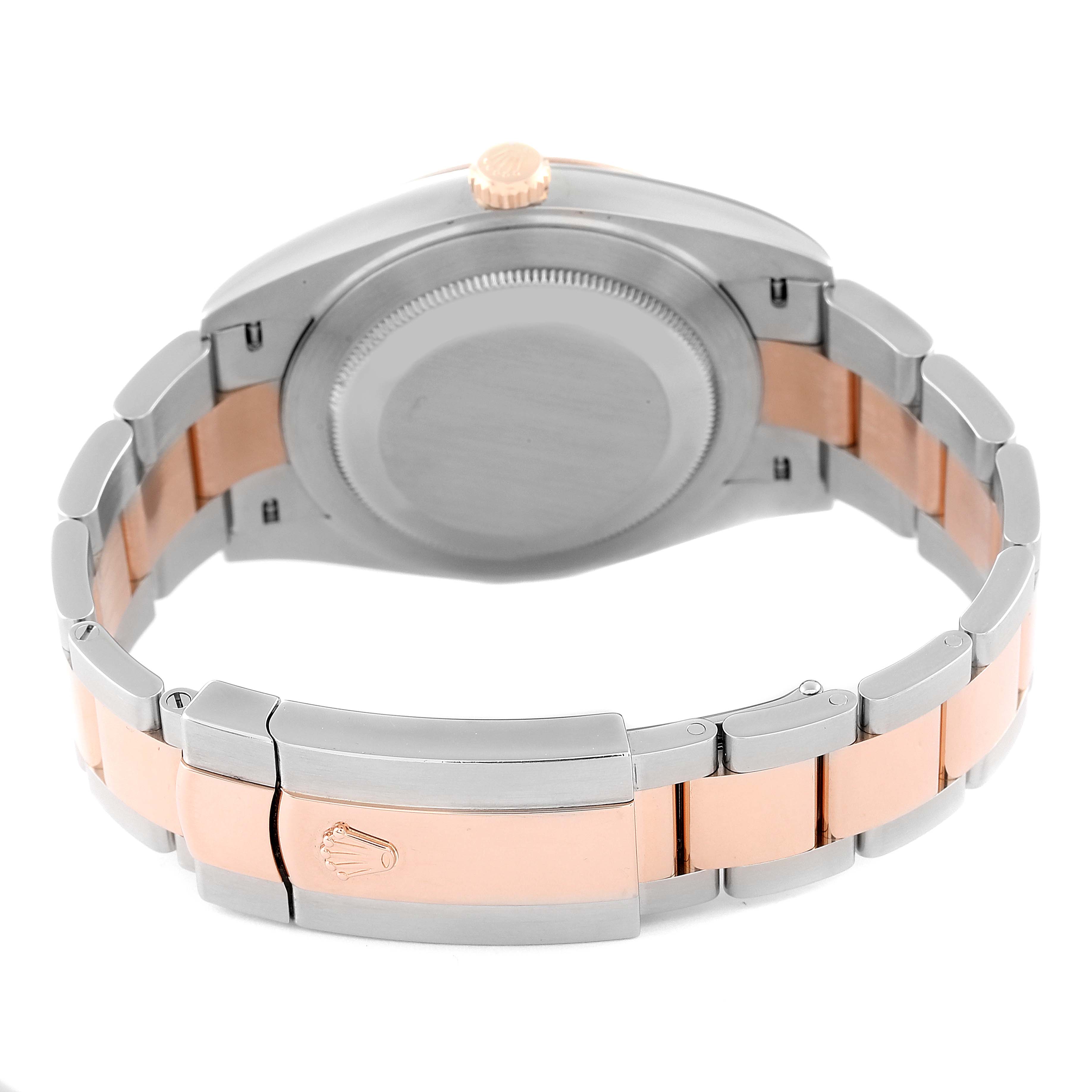 This image shows the back view of a Rolex Datejust 41 126301 Men's Steel and Gold (two tone) Mother of Pearl Dial 126301 Men's Steel and Gold (two tone) Mother of Pearl Dial, highlighting its case back, bracelet, and clasp.