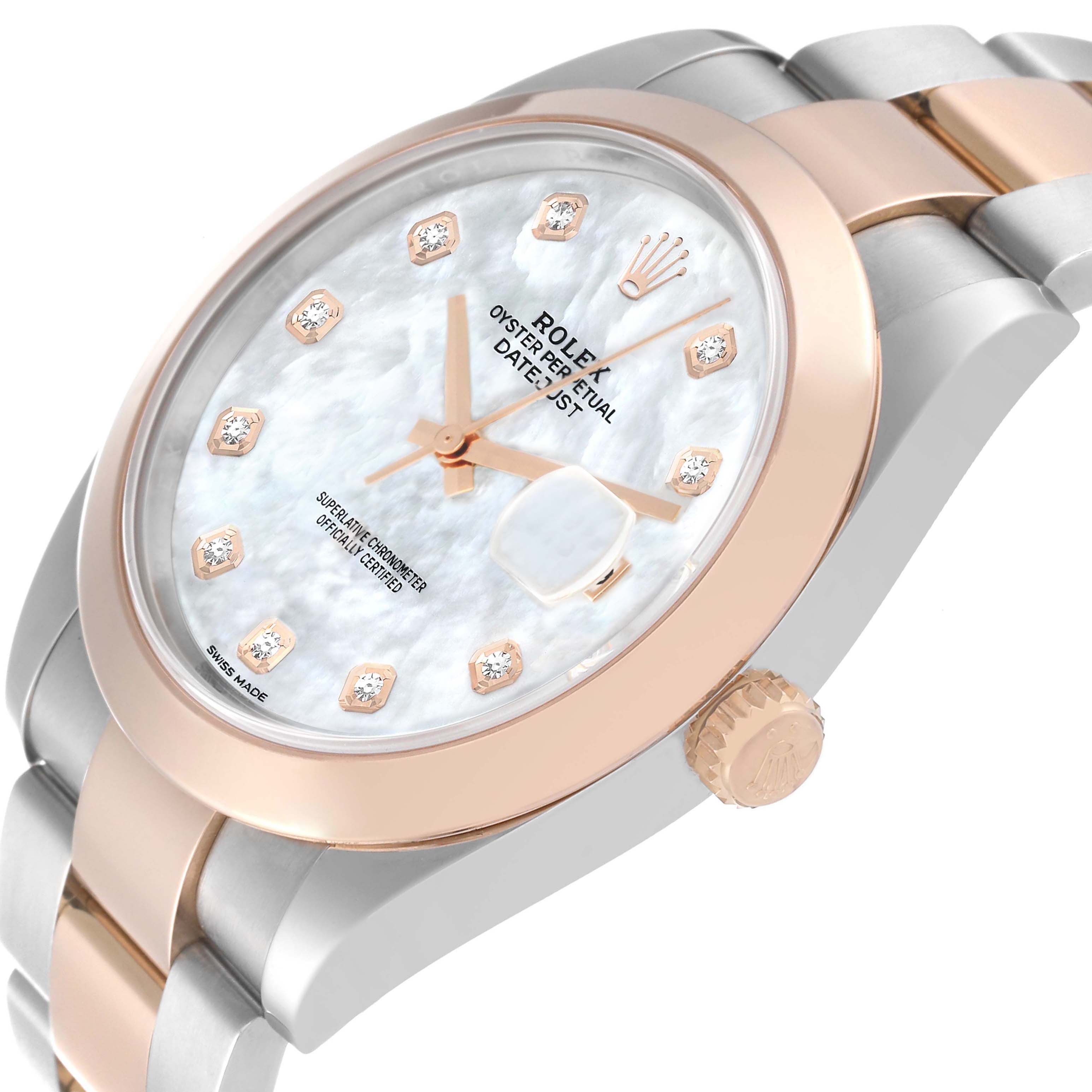 The Rolex Datejust 41 126301 Men's Steel and Gold (two tone) Mother of Pearl Dial is shown from an angled side view highlighting the dial, bezel, crown, and part of the bracelet.