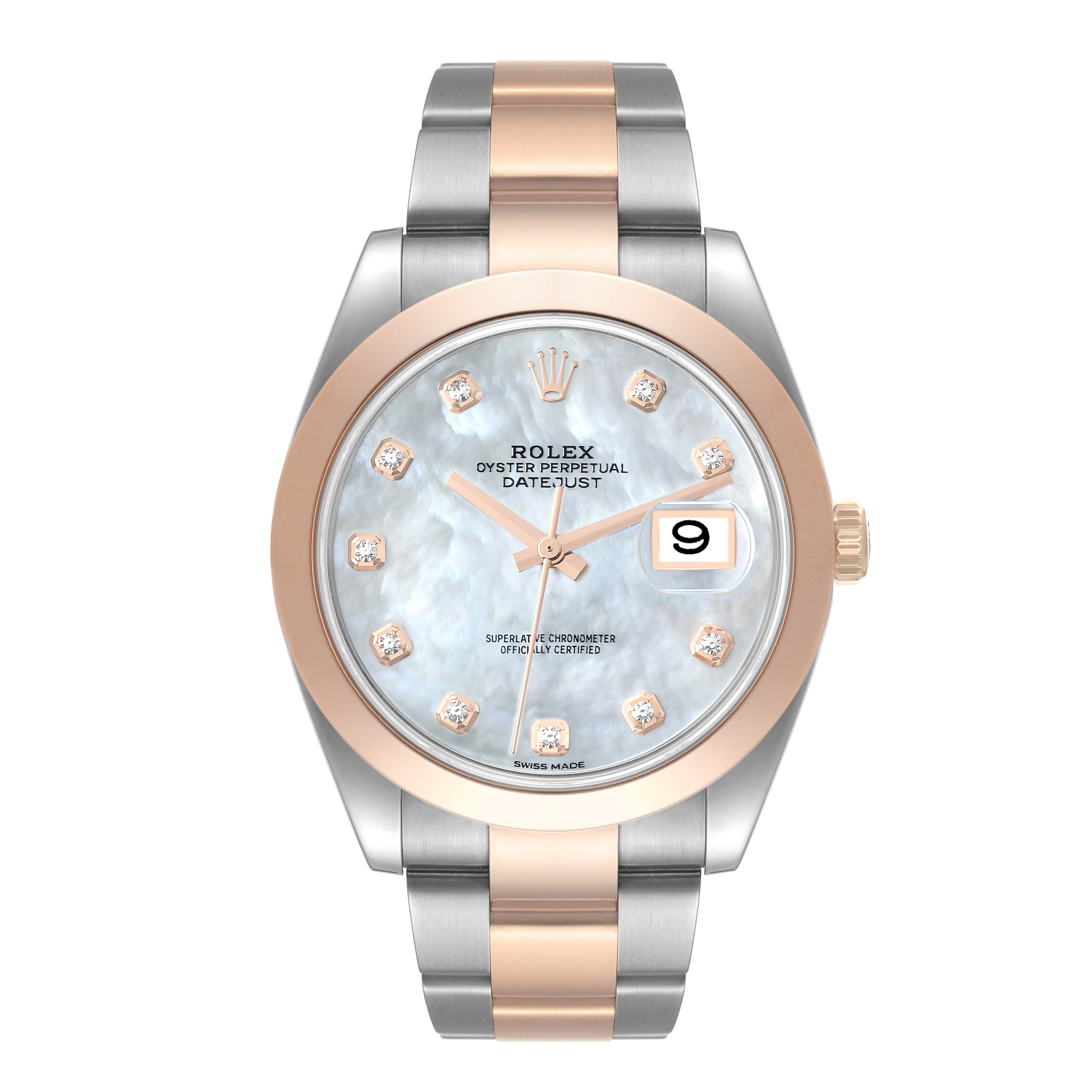 This image shows a front view of the Rolex Datejust 41 126301 Men's Steel and Gold (two tone) Mother of Pearl Dial 126301 Men's Steel and Gold (two tone) Mother of Pearl Dial watch, displaying the dial, bezel, and bracelet.