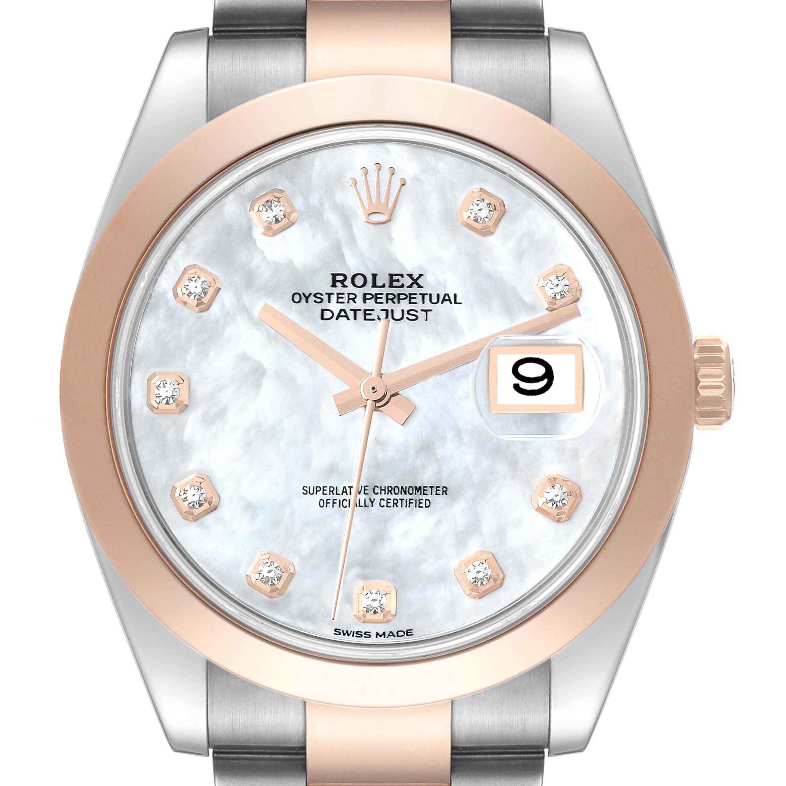 The Rolex Datejust 41 126301 Men's Steel and Gold (two tone) Mother of Pearl Dial watch is shown from a front view, highlighting the dial, hands, bezel, and crown.