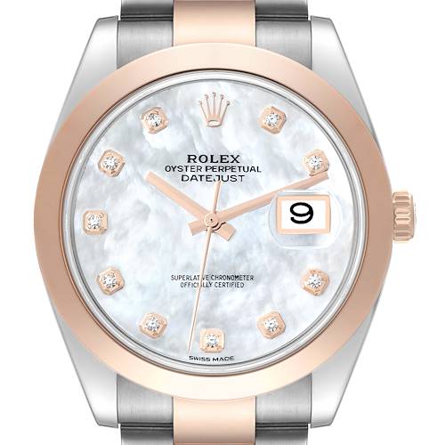 The Rolex Datejust 41 126301 Men's Steel and Gold (two tone) Mother of Pearl Dial watch is shown from a front angle, highlighting the dial, bezel, crown, and part of the bracelet.