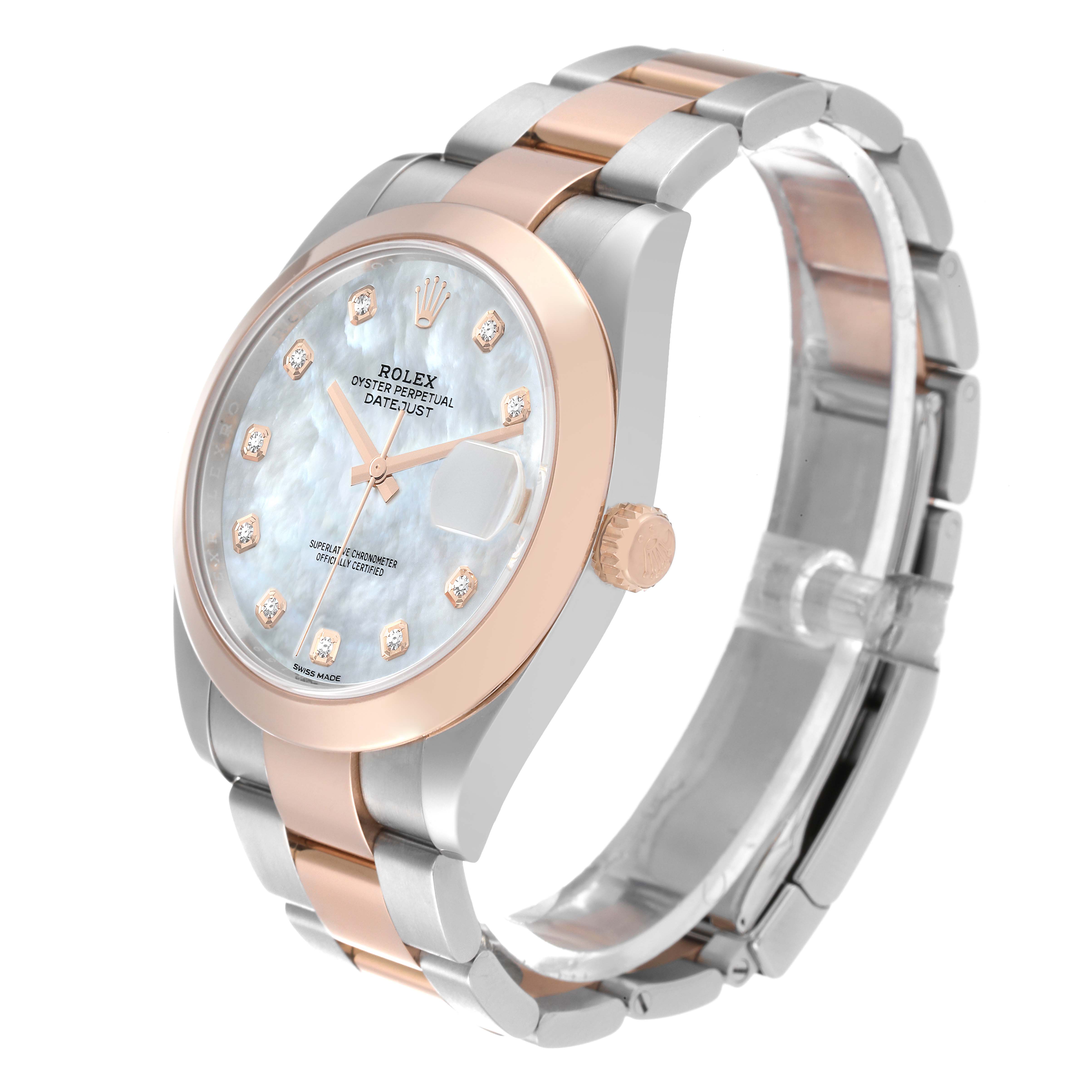 The image shows a Rolex Datejust 41 126301 Men's Steel and Gold (two tone) Mother of Pearl Dial 126301 Men's Steel and Gold (two tone) Mother of Pearl Dial model at a slight angle, highlighting its dial, bezel, and bracelet.