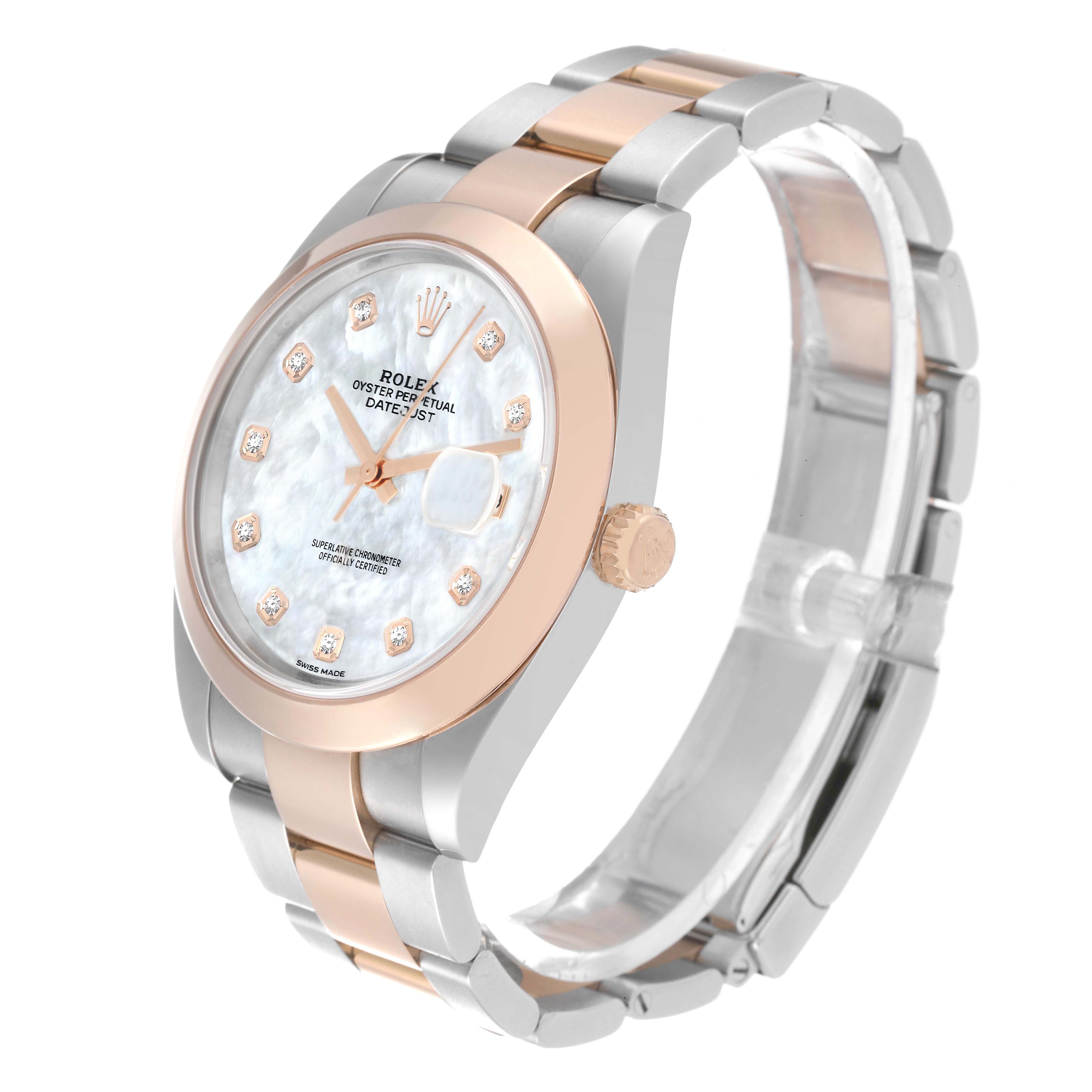 The image shows a Rolex Datejust 41 126301 Men's Steel and Gold (two tone) Mother of Pearl Dial watch at a three-quarter angle, highlighting the face, bezel, and bracelet.