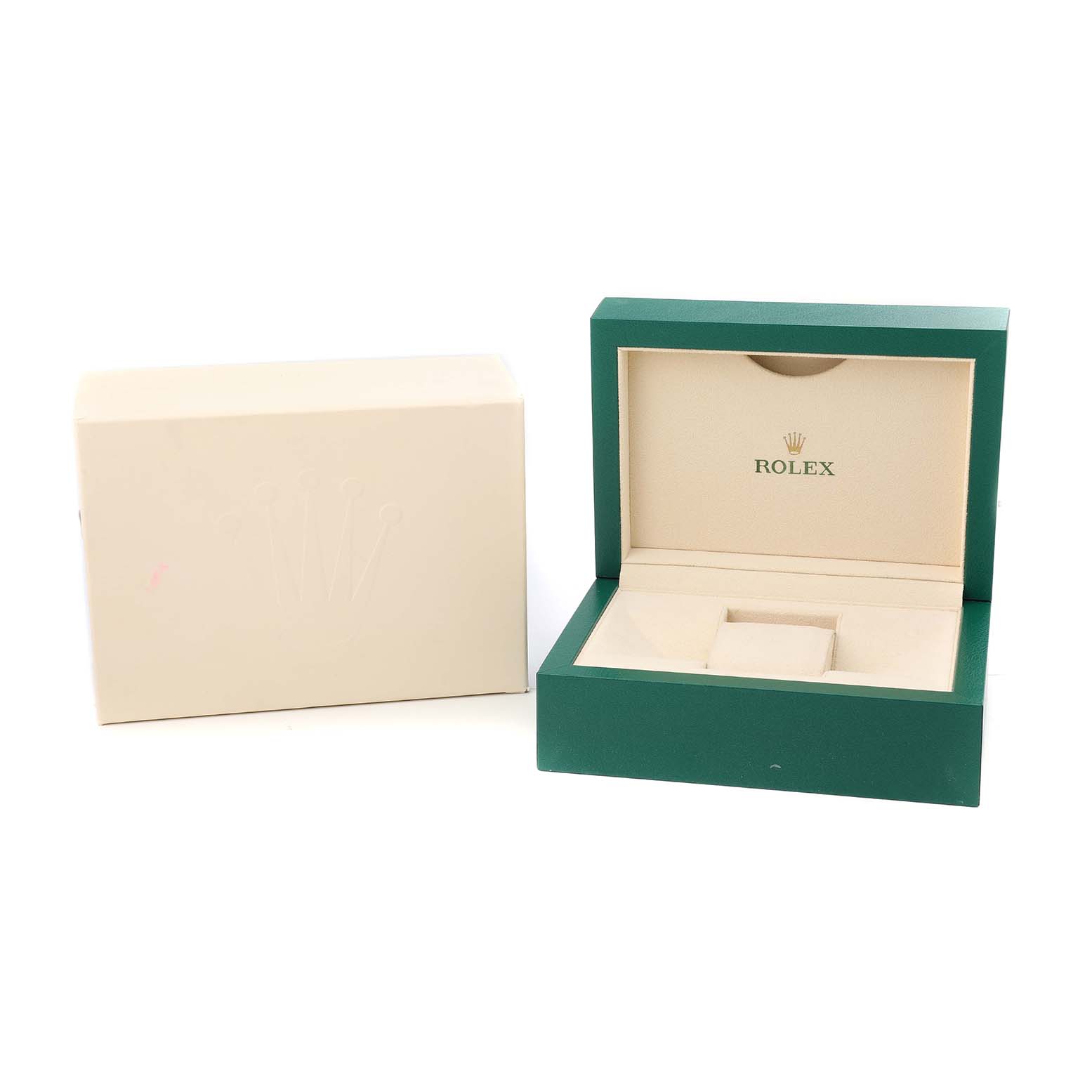 The image shows the Rolex Datejust 41 126333 Men's Steel and Gold (two tone) Champagne Dial watch box and outer packaging, with the box open to display the interior.