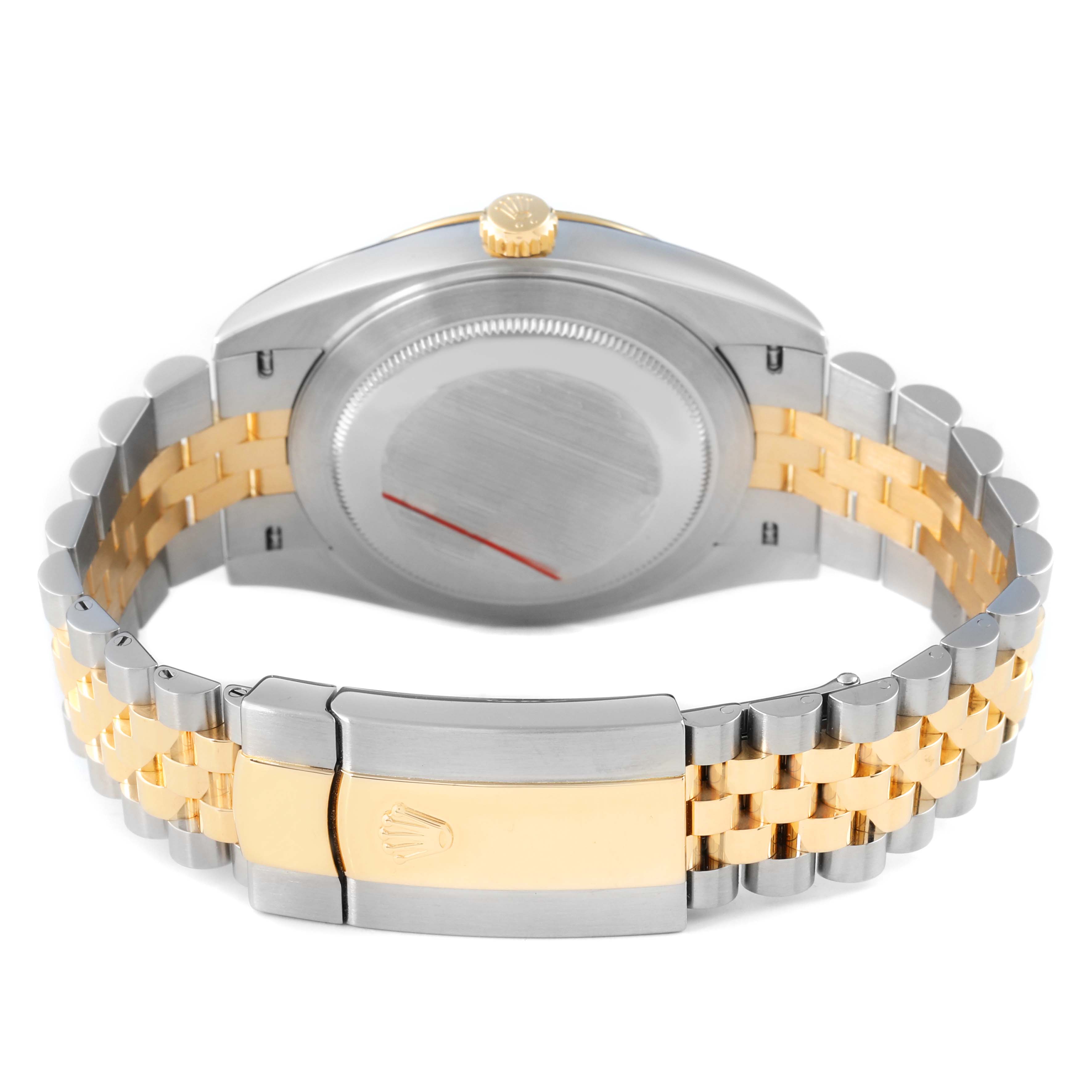 The image shows the back case and bracelet clasp of a Rolex Datejust 41 126333 Men's Steel and Gold (two tone) Champagne Dial, highlighting the two-tone metal design.