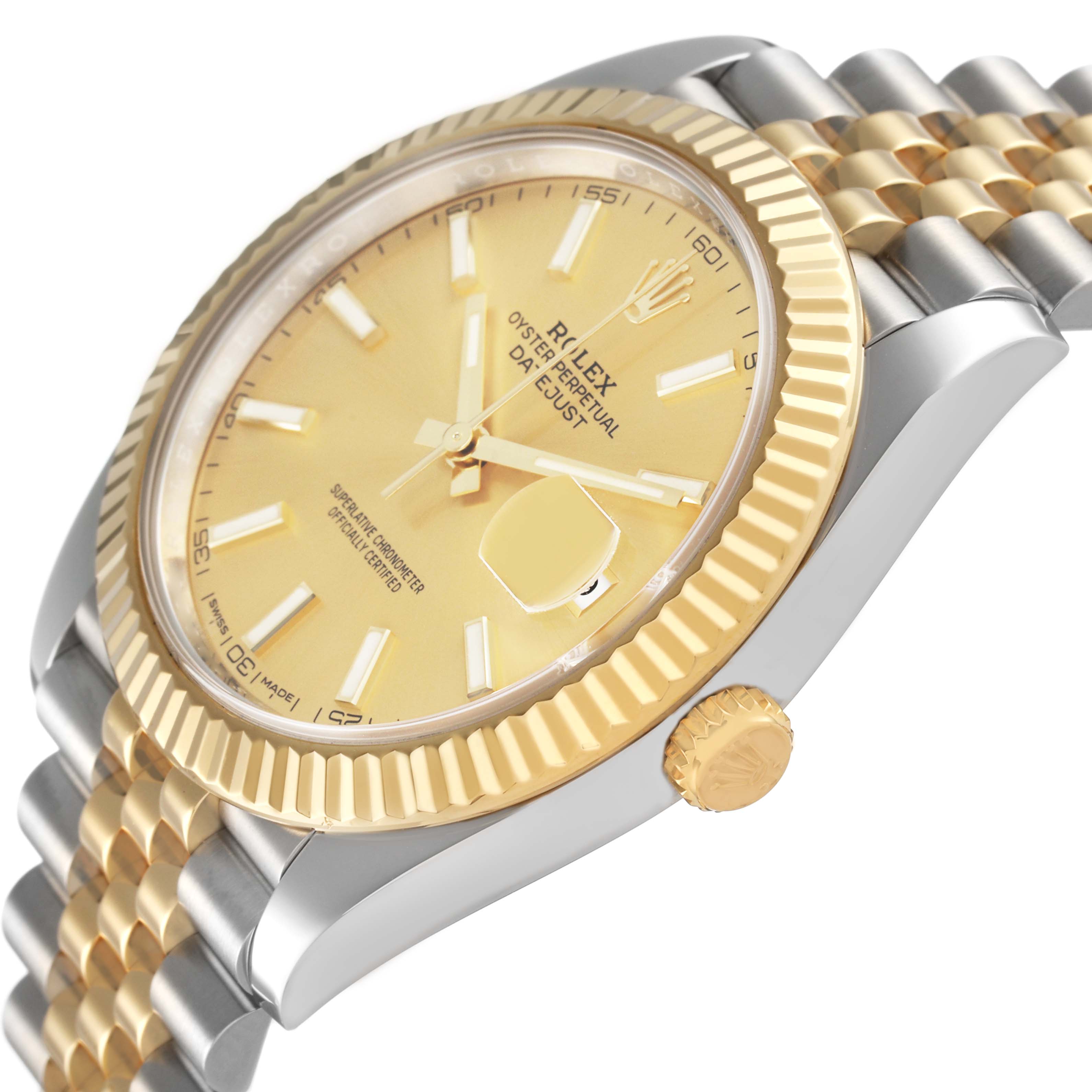 The Rolex Datejust 41 126333 Men's Steel and Gold (two tone) Champagne Dial is shown at an angle displaying the dial, fluted bezel, crown, and part of the bracelet.