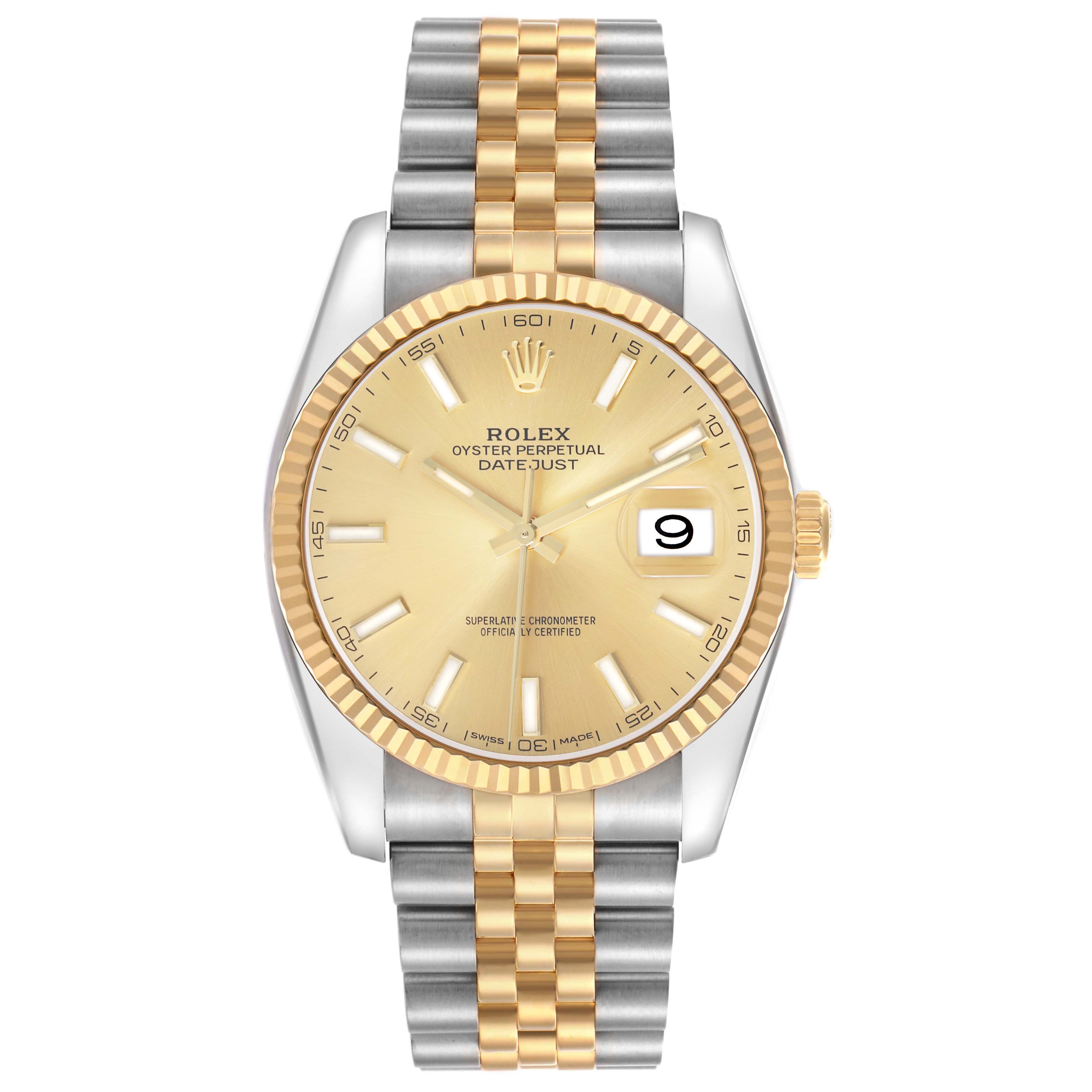 The Rolex Datejust 41 126333 Men's Steel and Gold (two tone) Champagne Dial is shown from a front angle, highlighting its gold dial, fluted bezel, and two-tone bracelet.