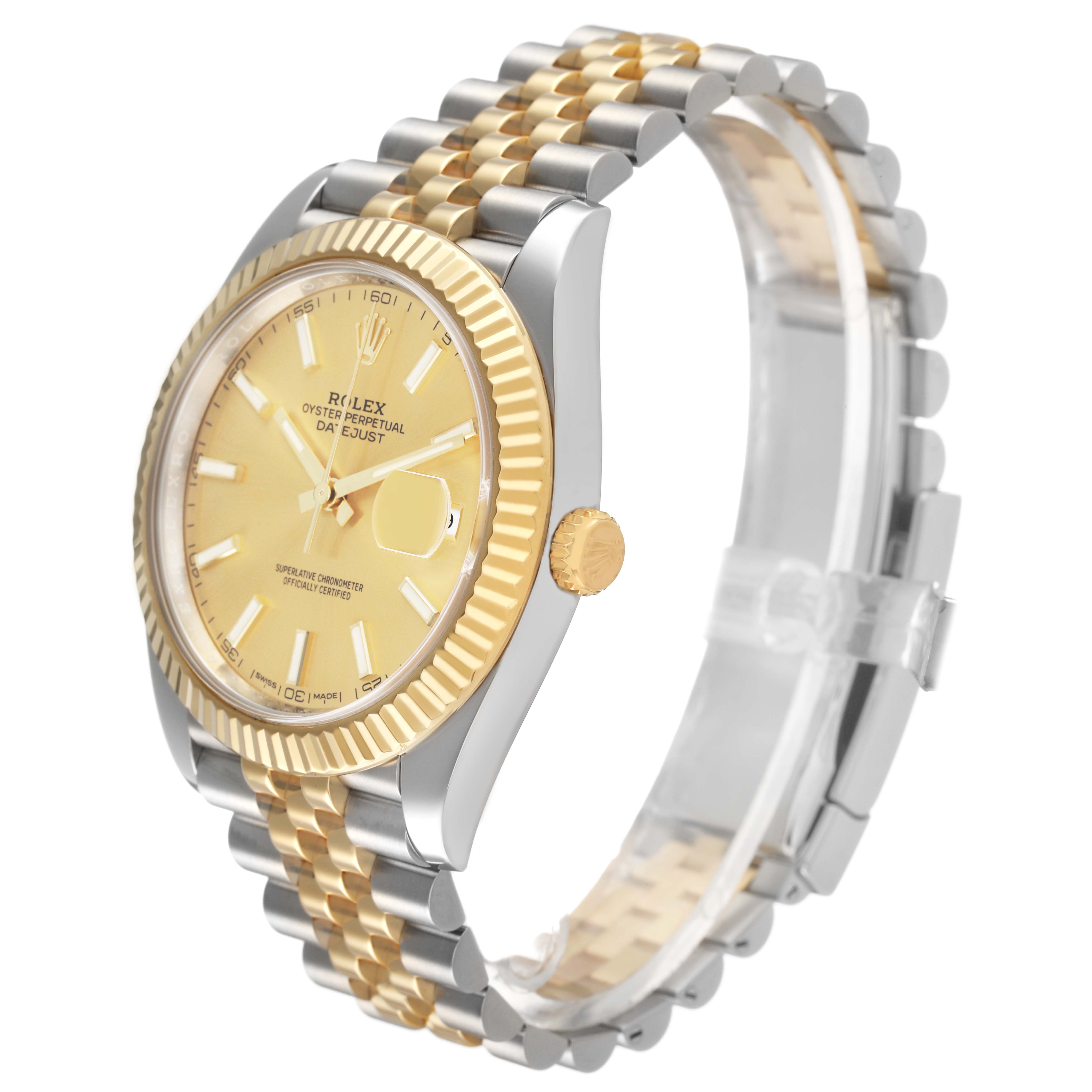 The Rolex Datejust 41 126333 Men's Steel and Gold (two tone) Champagne Dial is shown at a three-quarter angle, displaying its gold dial, fluted bezel, and bi-metal bracelet.