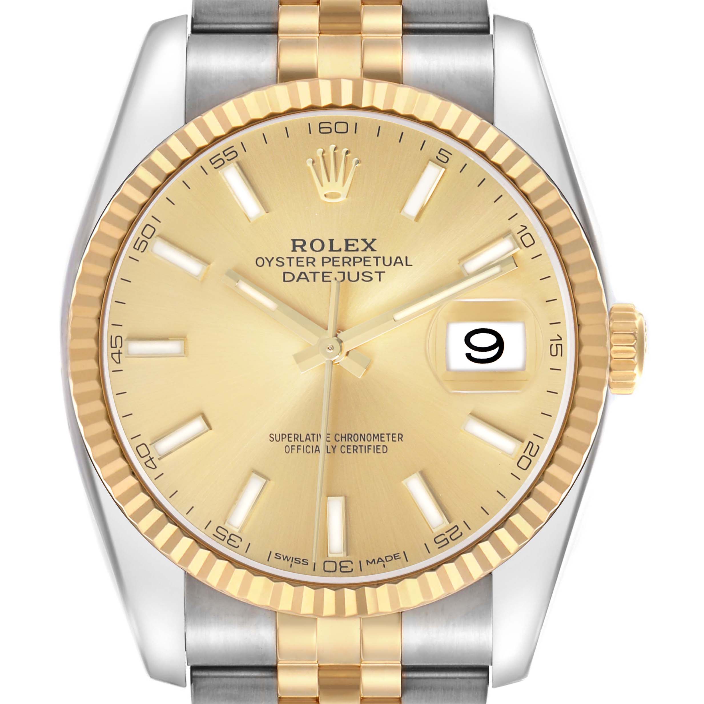 The Rolex Datejust 41 126333 Men's Steel and Gold (two tone) Champagne Dial is shown from a front view, highlighting the gold dial, fluted bezel, and two-tone Jubilee bracelet.