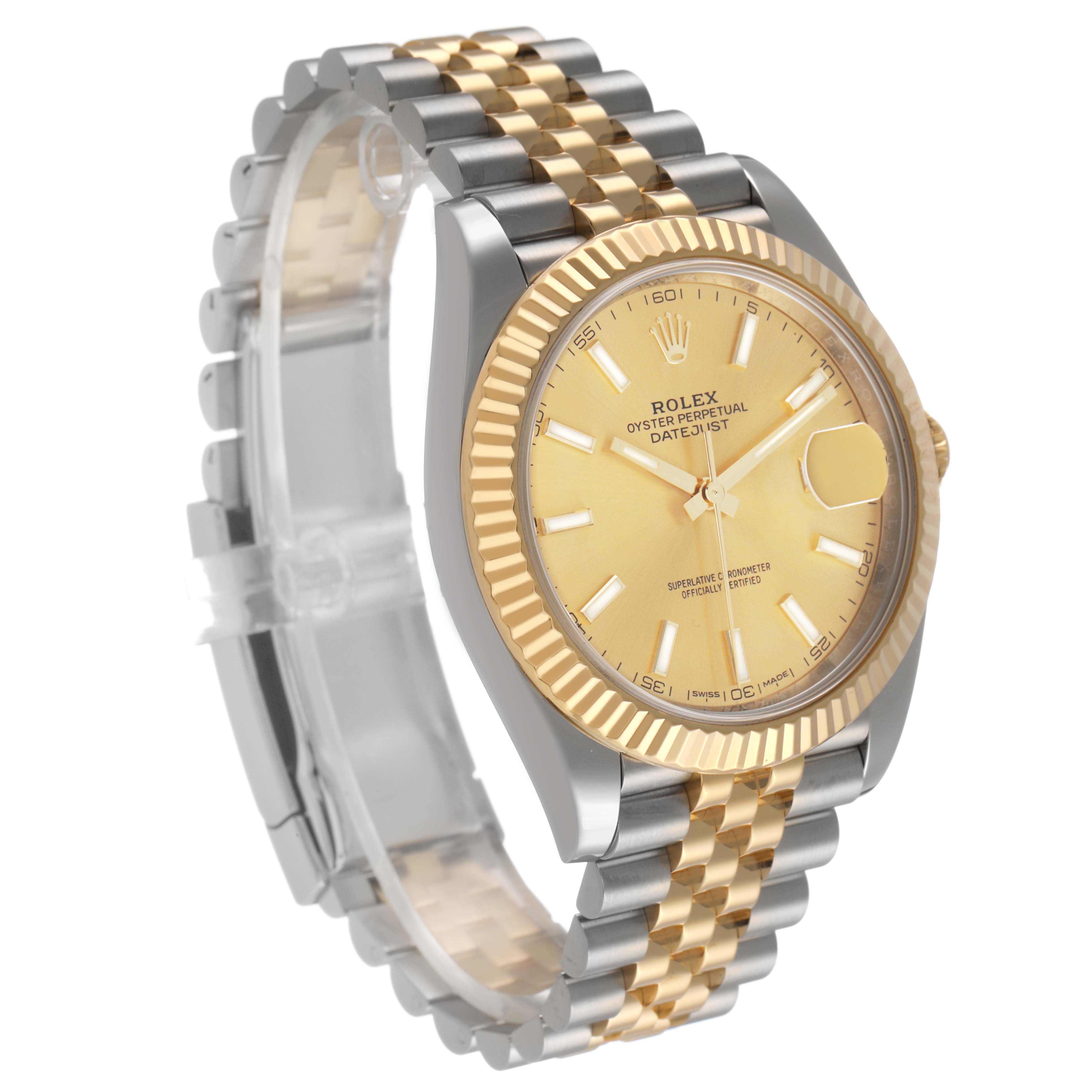 The Rolex Datejust 41 126333 Men's Steel and Gold (two tone) Champagne Dial watch is shown at a three-quarter front angle, highlighting the face, bezel, and two-tone bracelet.