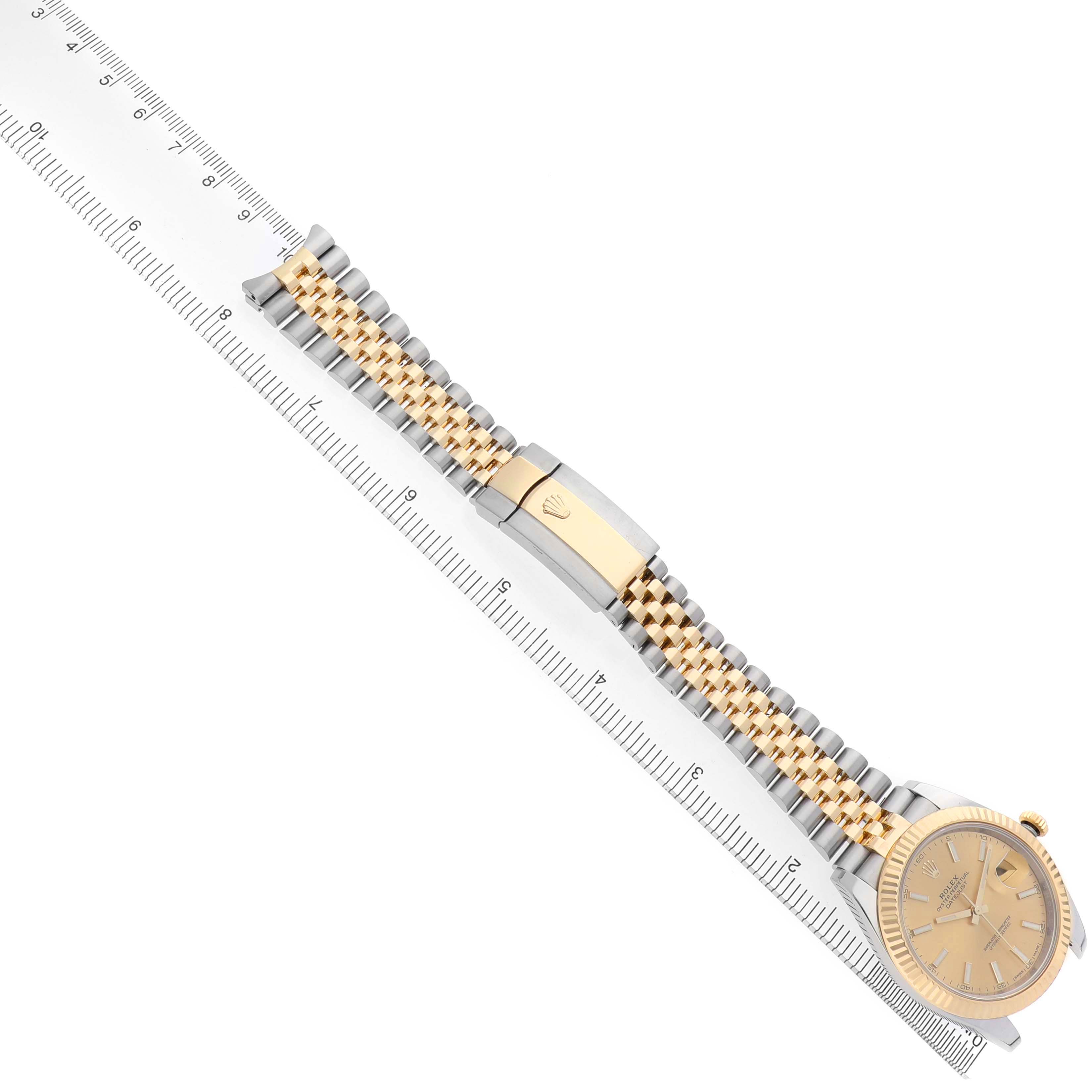 The Rolex Datejust 41 126333 Men's Steel and Gold (two tone) Champagne Dial is shown at an overhead angle, highlighting the gold and silver bracelet and clasp along with the watch face.