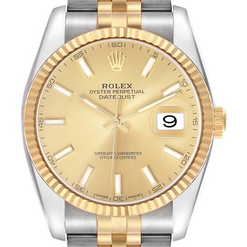 The Rolex Datejust 41 126333 Men's Steel and Gold (two tone) Champagne Dial watch is shown from the front, highlighting the dial, bezel, and bracelet.
