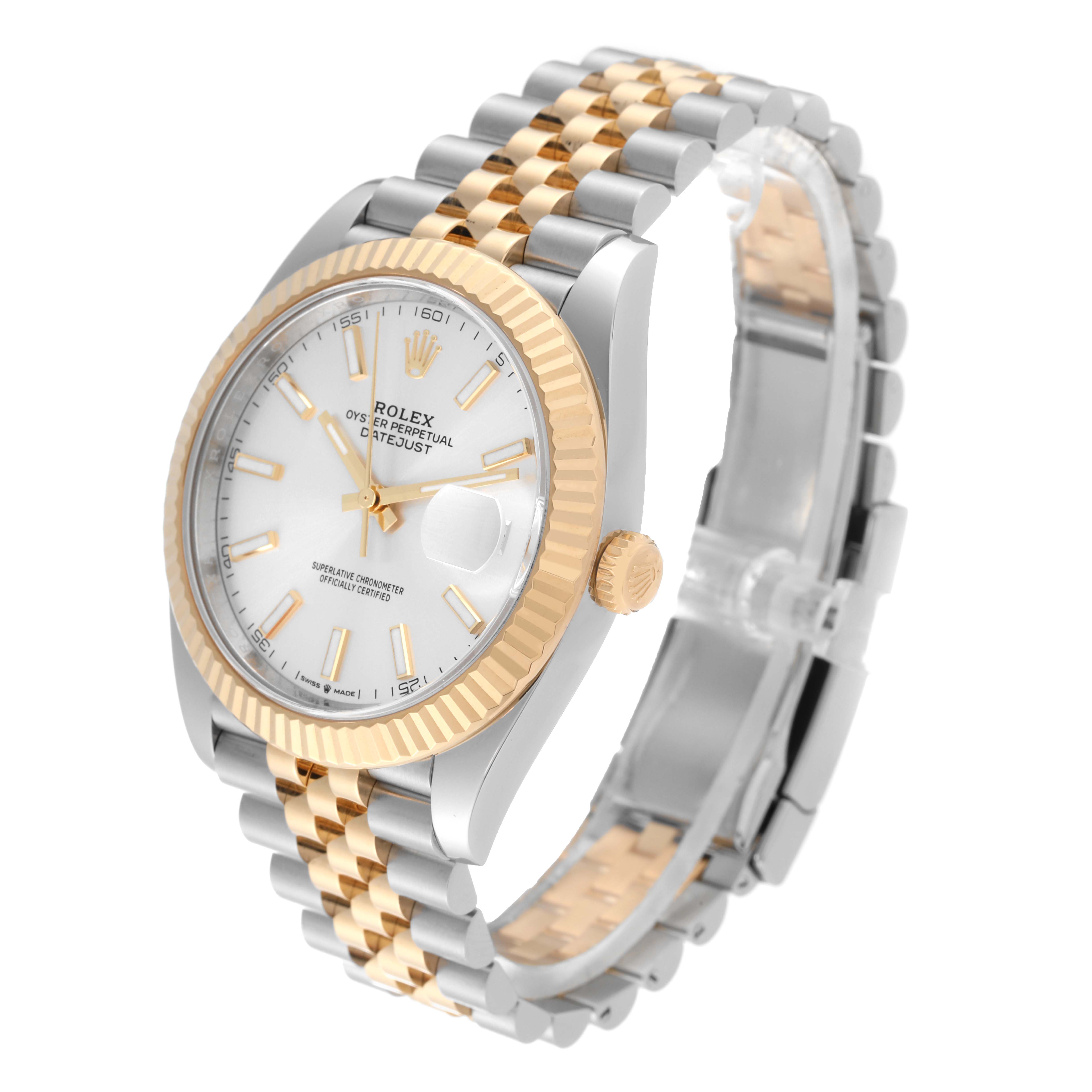 The Rolex Datejust 41 126333 Men's Steel and Gold (two tone) Silver Dial 126333 Men's Steel and Gold (two tone) Silver Dial is shown at an angle highlighting its two-tone bracelet, gold fluted bezel, white dial, and date magnifier.