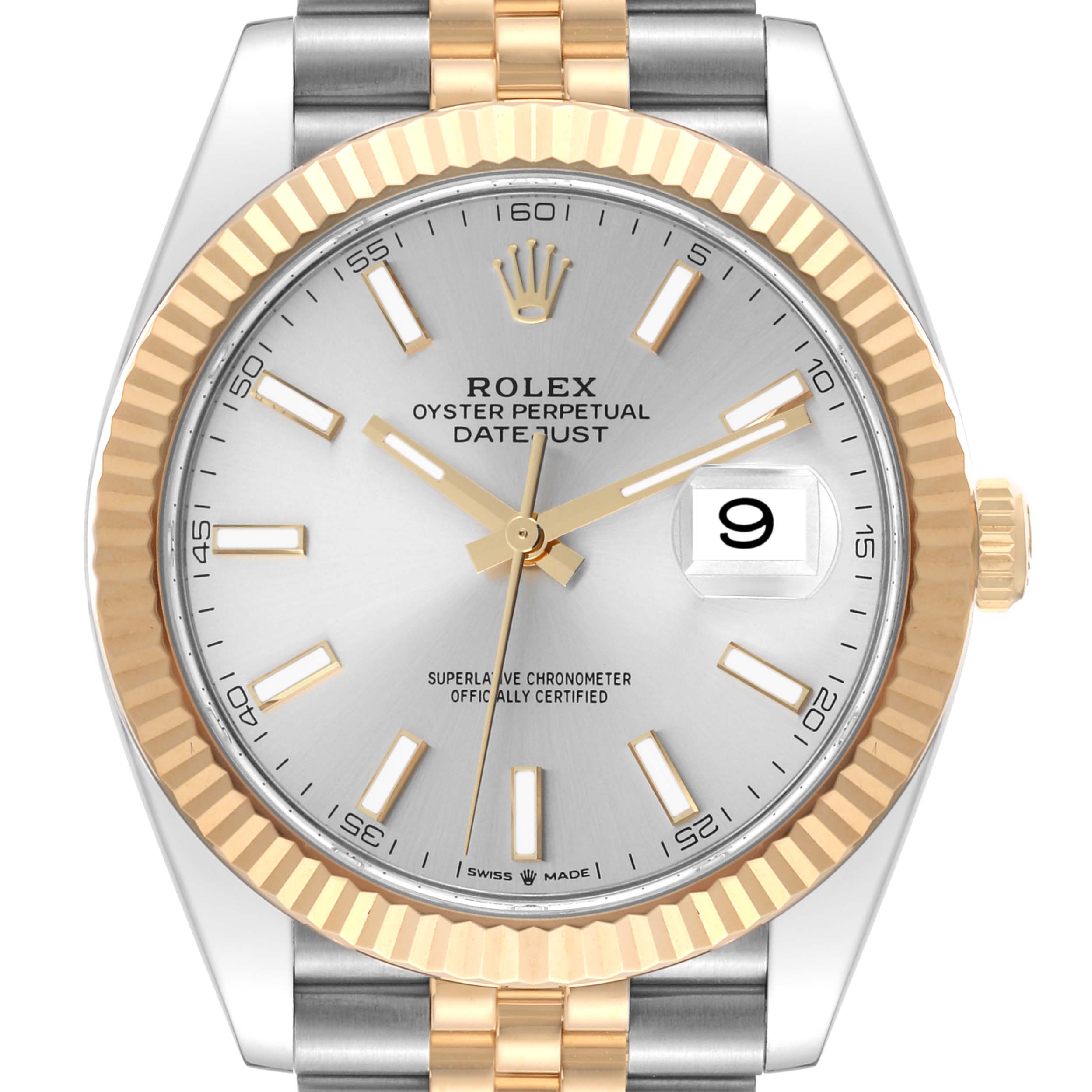 The image shows a front view of a Rolex Datejust 41 126333 Men's Steel and Gold (two tone) Silver Dial 126333 Men's Steel and Gold (two tone) Silver Dial watch, highlighting the dial, bracelet, and fluted bezel.