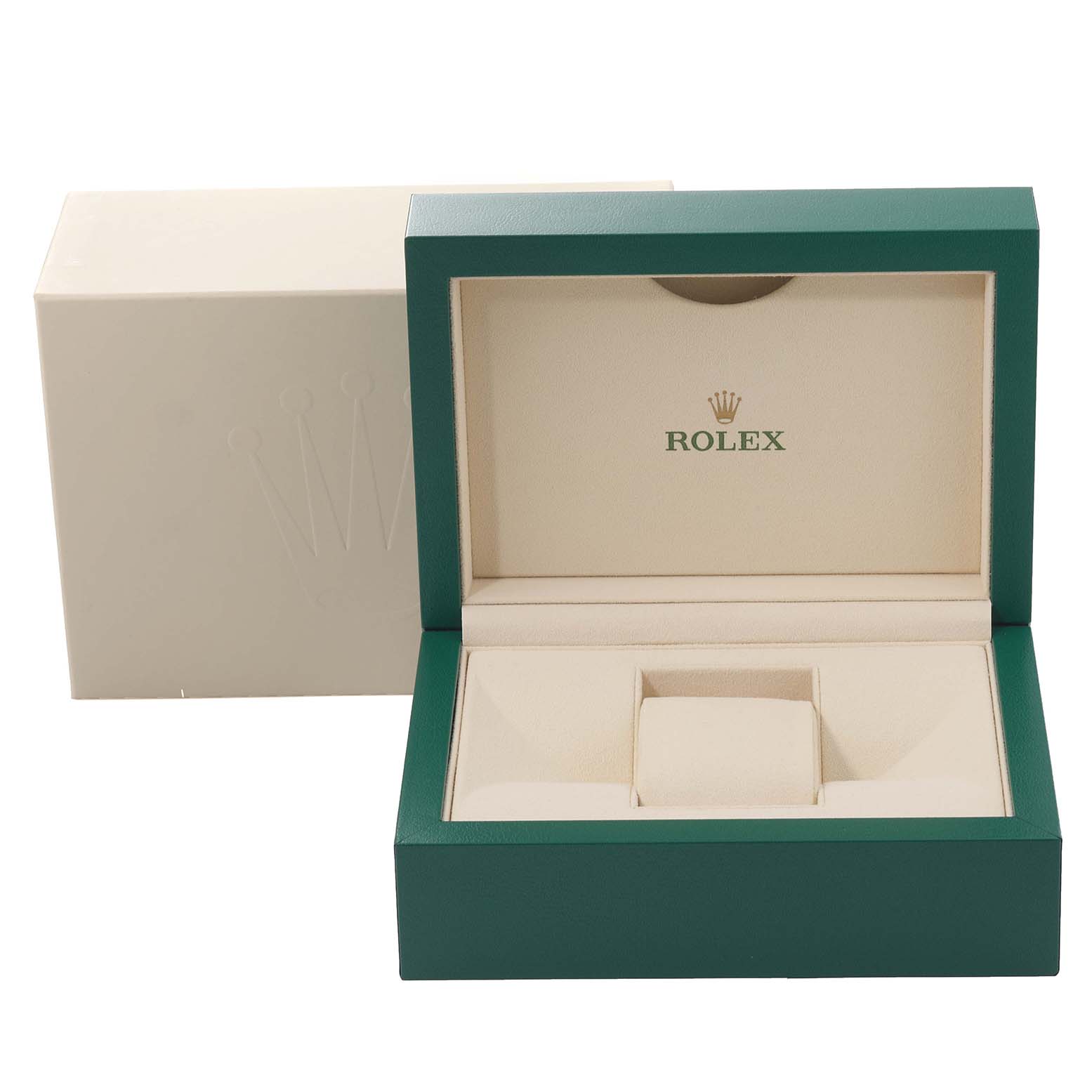 The image shows the open green and beige Rolex box for the Datejust 41 model, revealing the inner watch cushion.