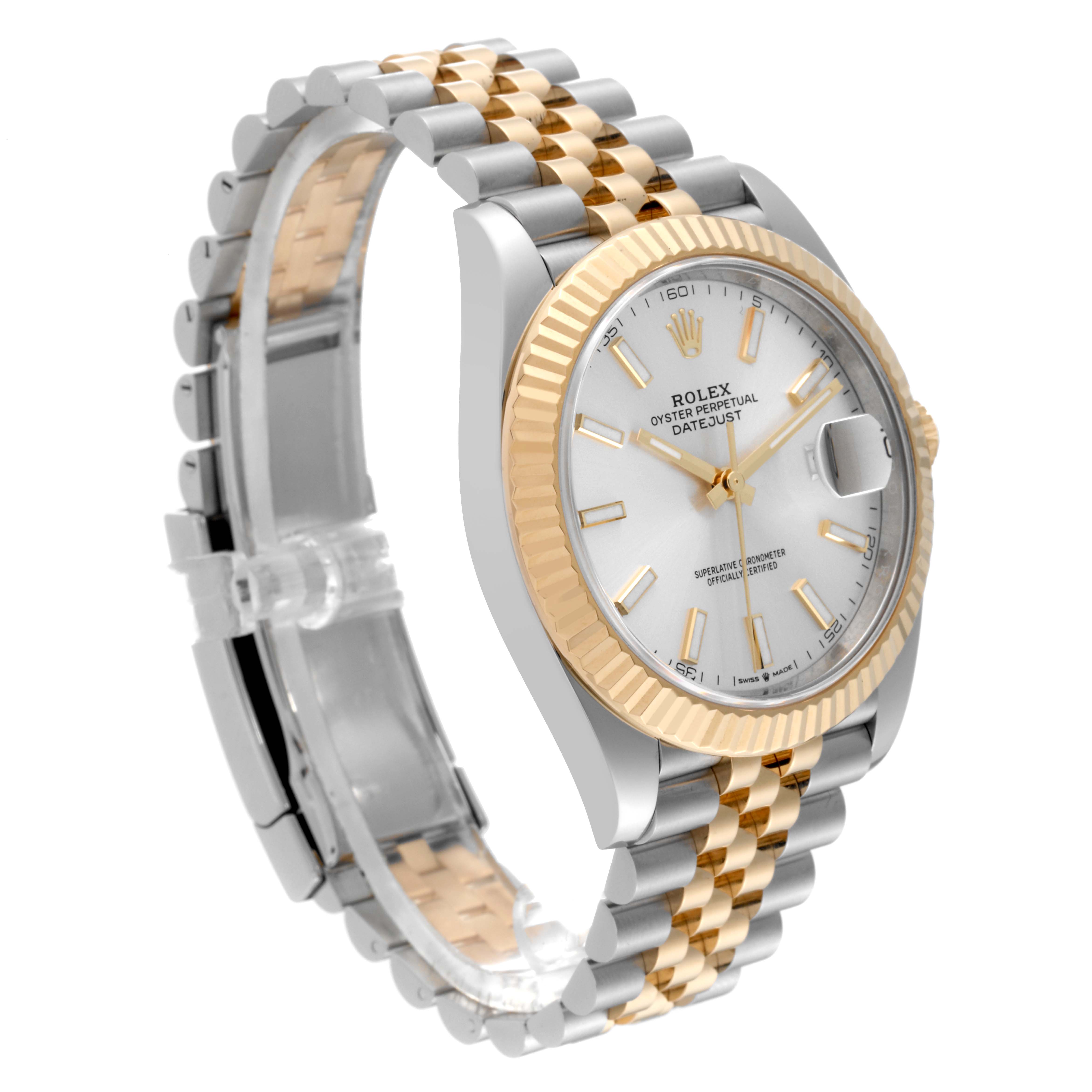 This image shows a Rolex Datejust 41 126333 Men's Steel and Gold (two tone) Silver Dial 126333 Men's Steel and Gold (two tone) Silver Dial watch at a three-quarter angle, highlighting its two-tone bracelet, fluted bezel, and dial.