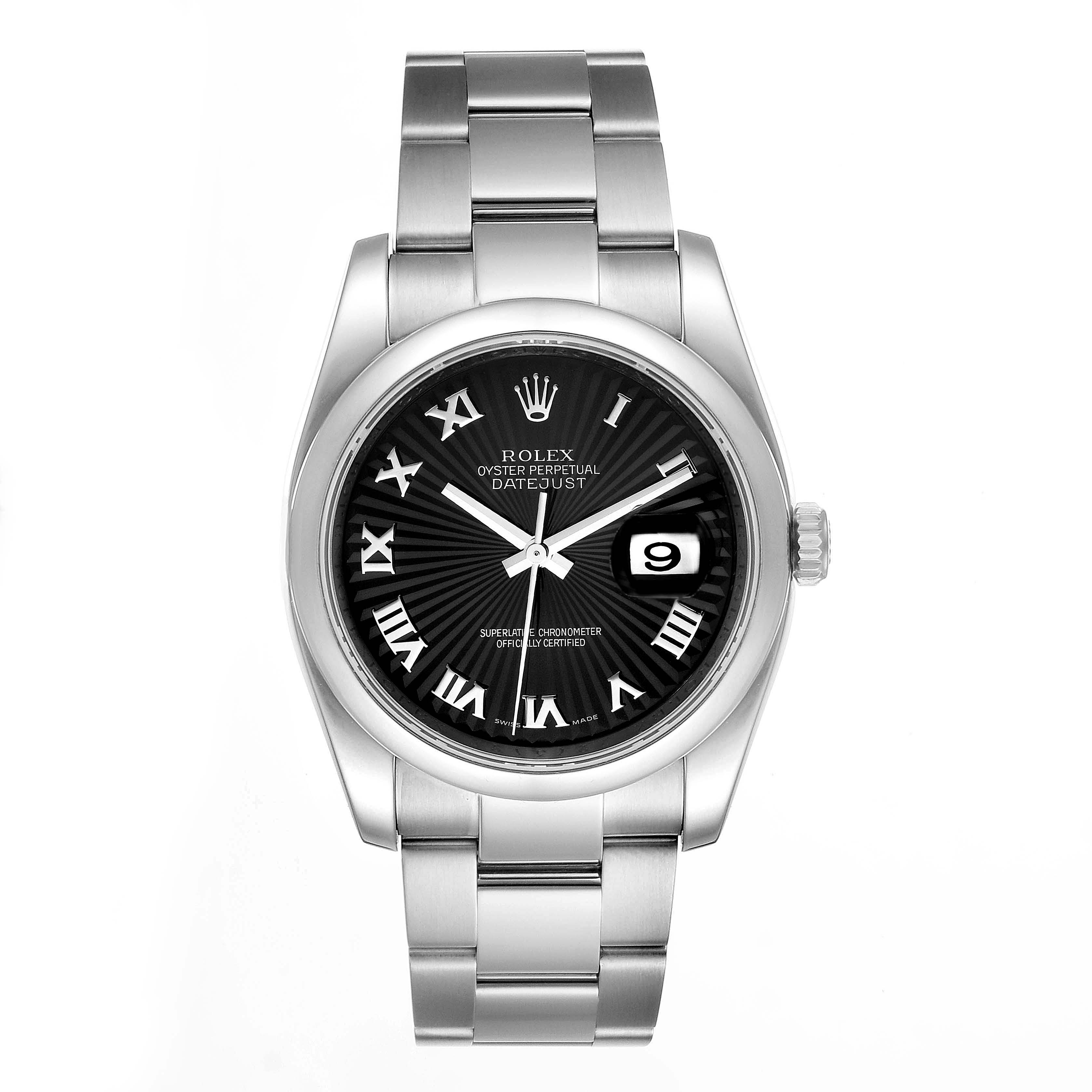 The Rolex Datejust 116200 Men's Stainless Steel Black Dial 116200 Men's Stainless Steel Black Dial watch is shown from a front angle, displaying its black dial, Roman numerals, date window, and stainless steel bracelet.