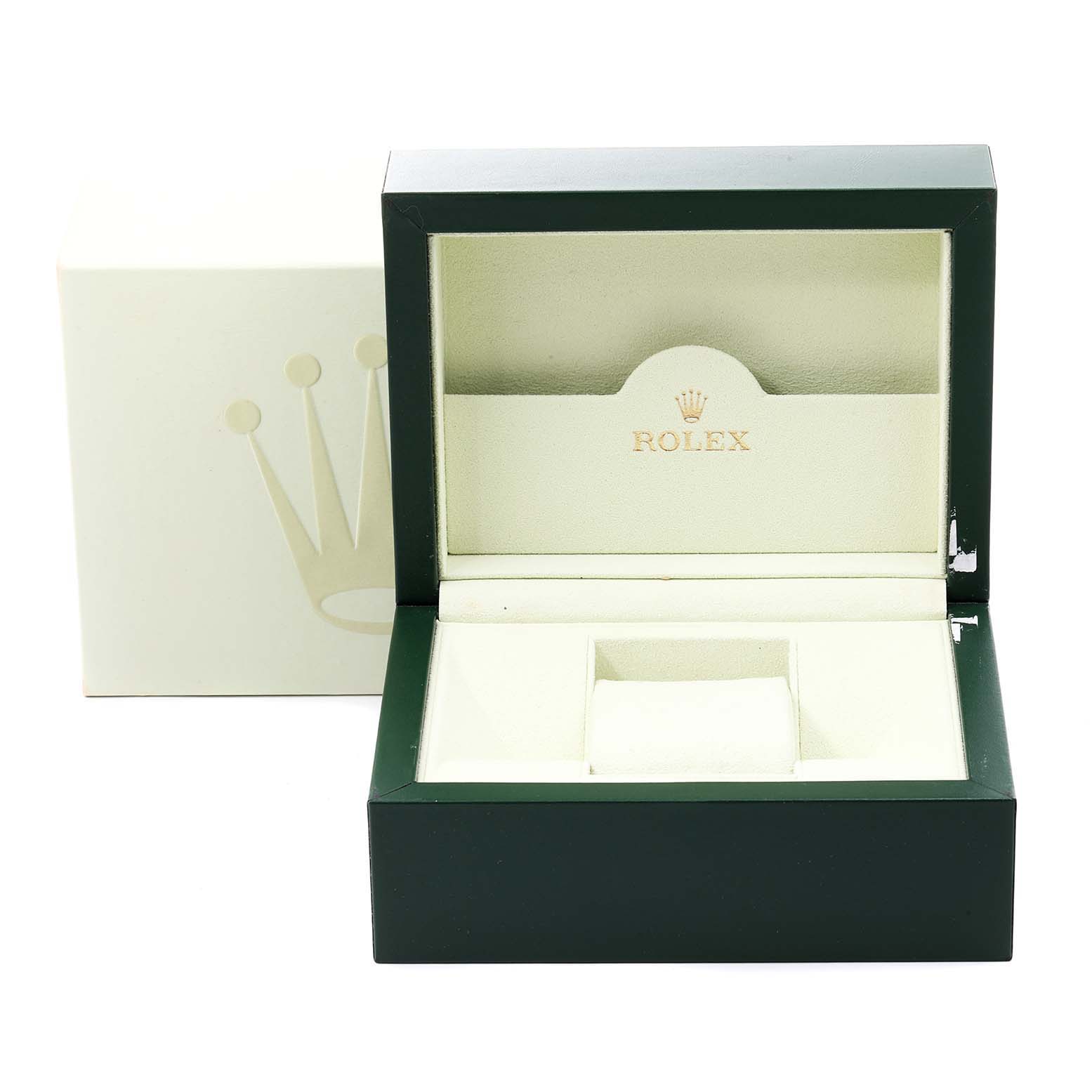 This image shows an empty green and cream Rolex box for the Datejust model, with a beige interior and the Rolex logo.