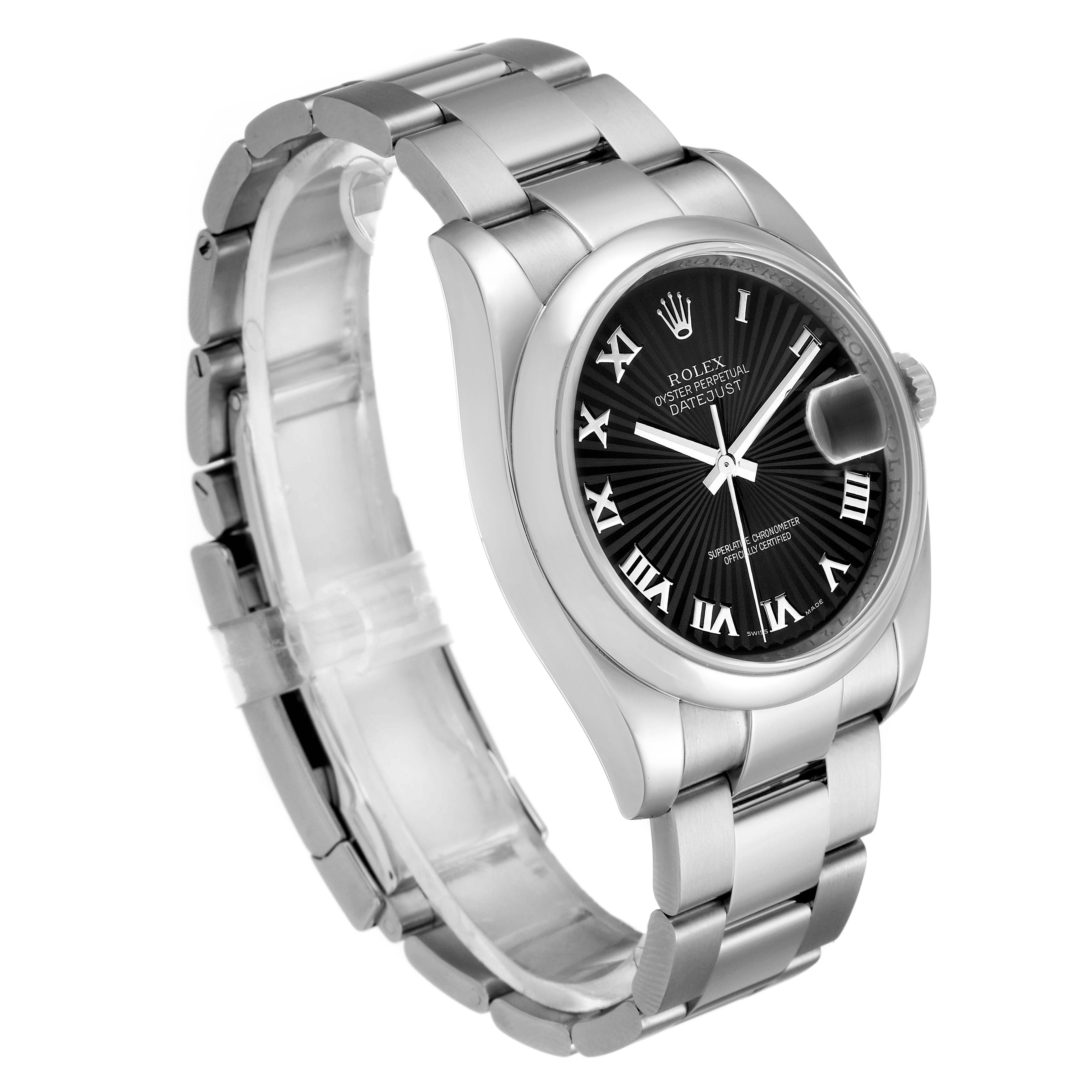 The image shows a Rolex Datejust 116200 Men's Stainless Steel Black Dial 116200 Men's Stainless Steel Black Dial watch with a side angle, highlighting the black dial, Roman numerals, and stainless steel bracelet.