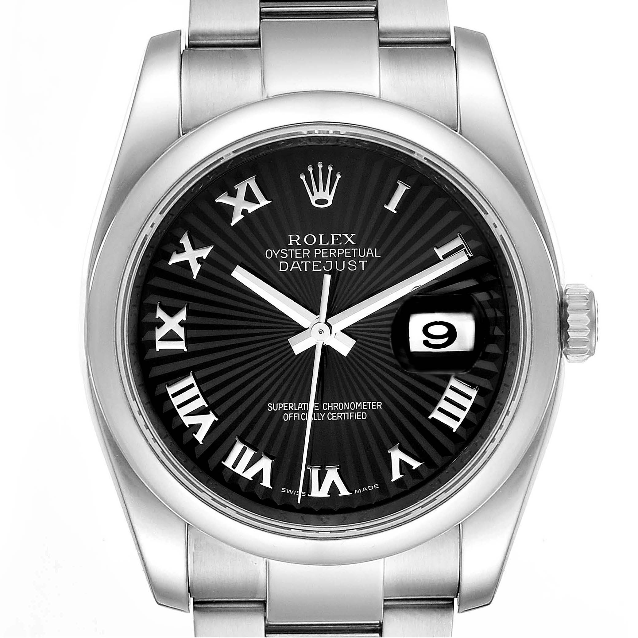 The image shows a Rolex Datejust 116200 Men's Stainless Steel Black Dial 116200 Men's Stainless Steel Black Dial watch front view, highlighting the dial, Roman numerals, and date window.