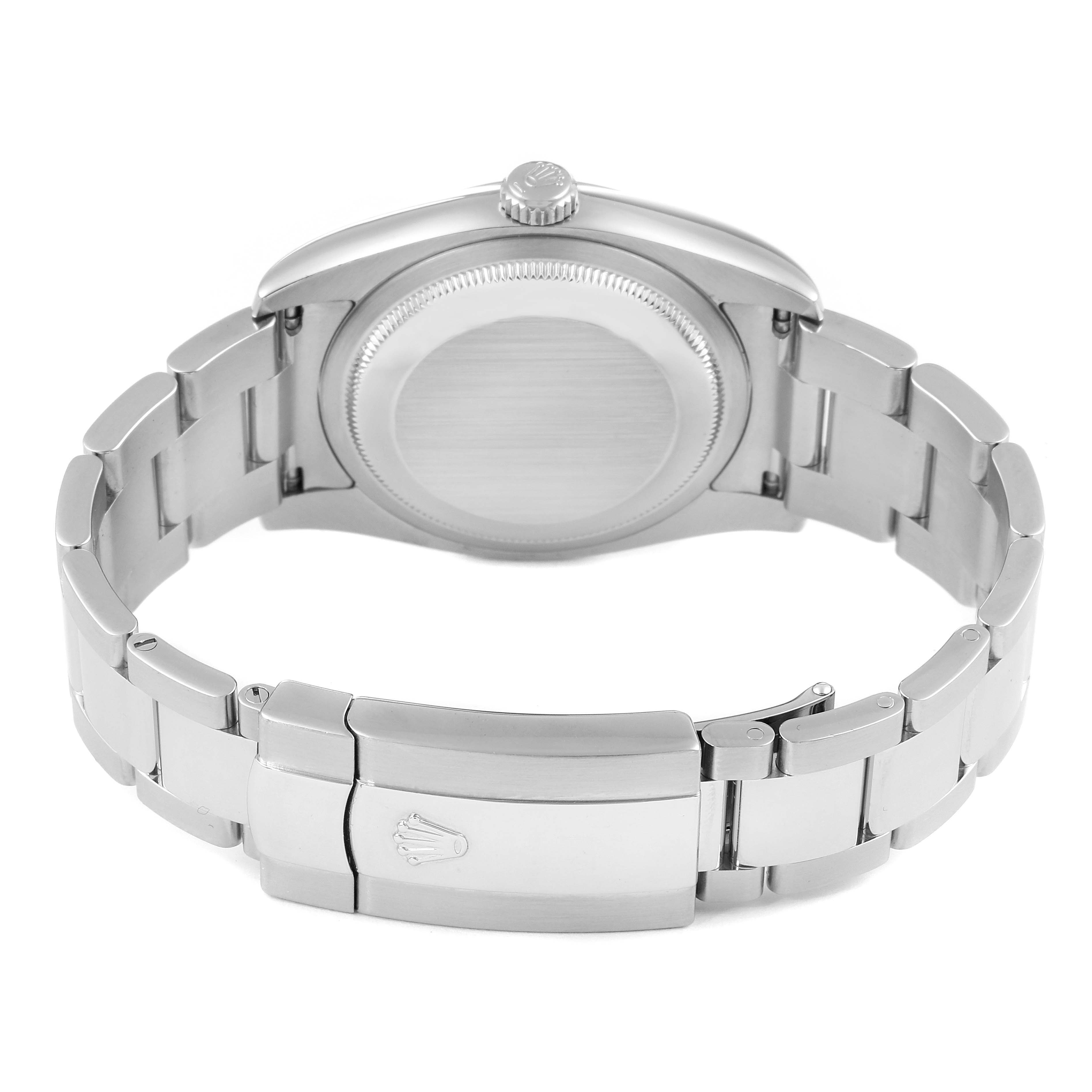 This image shows the back of a Rolex Datejust 116200 Men's Stainless Steel Black Dial 116200 Men's Stainless Steel Black Dial watch, highlighting the case back, crown, and bracelet clasp.