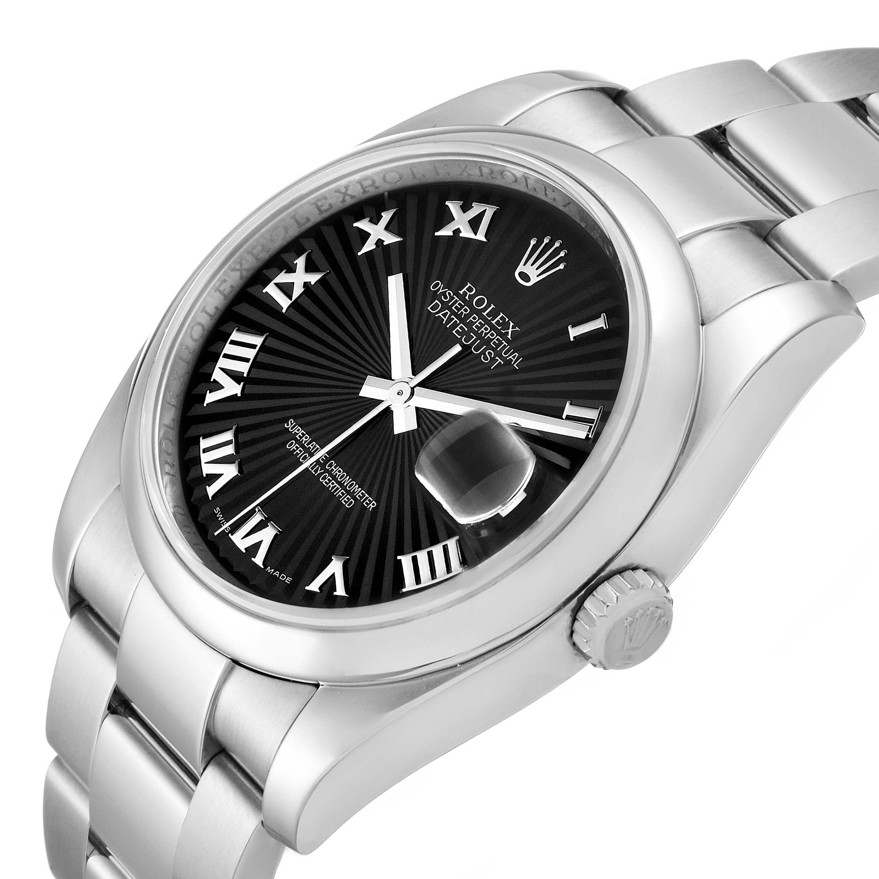 The Rolex Datejust 116200 Men's Stainless Steel Black Dial 116200 Men's Stainless Steel Black Dial watch is shown from a three-quarter angle, highlighting the dial, bracelet, crown, and date magnifier.